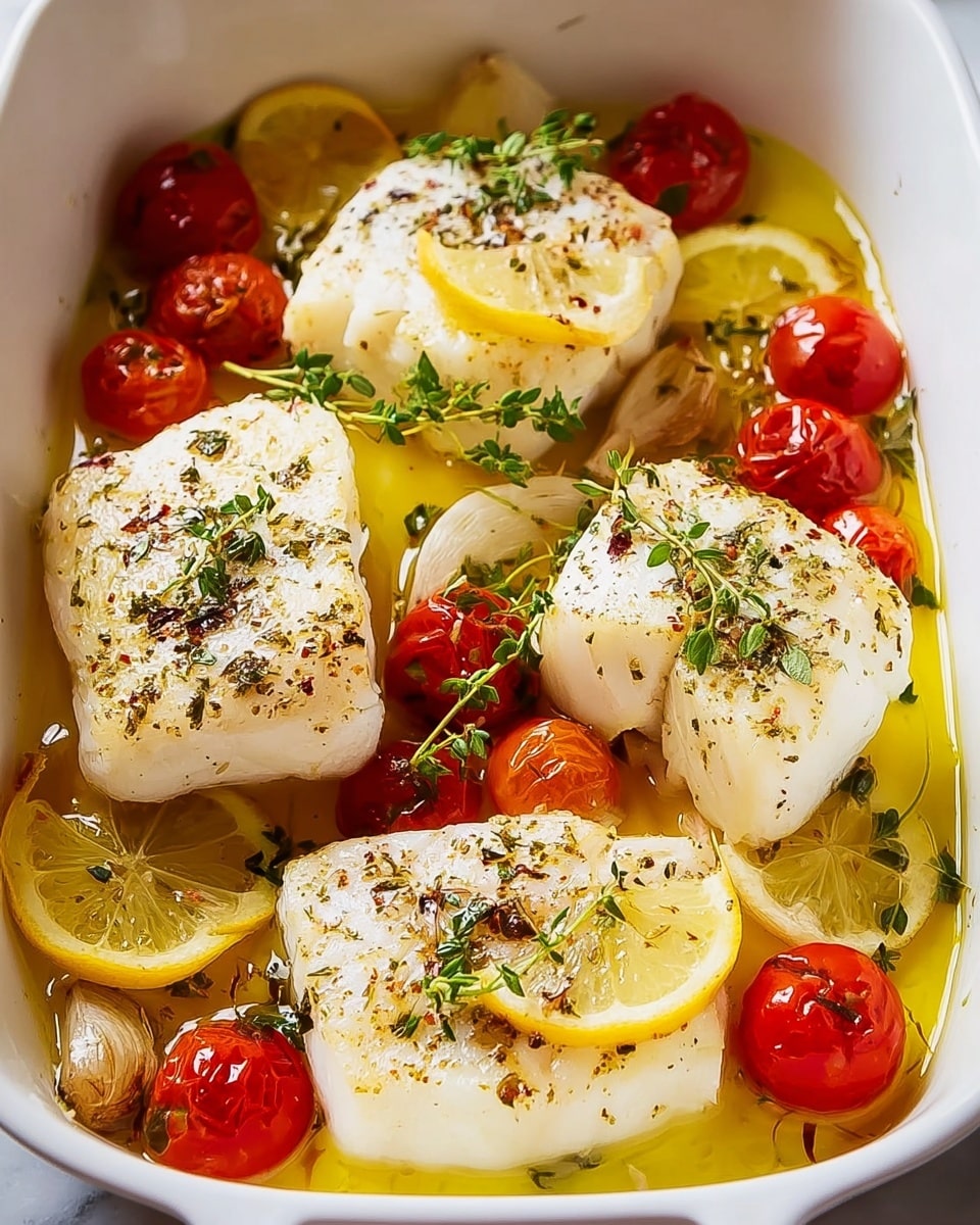 A white dish holds four pieces of cooked white fish, each piece slightly square with a lightly browned top sprinkled with black pepper and green herbs. Underneath each fish piece, thin yellow lemon slices are visible. Surrounding the fish are bright red cherry tomatoes and sprigs of thyme, with some roasted garlic cloves also visible. The dish has a glossy look from olive oil that pools around the ingredients. The background is a white marbled surface. photo taken with an iphone --ar 4:5 --v 7
