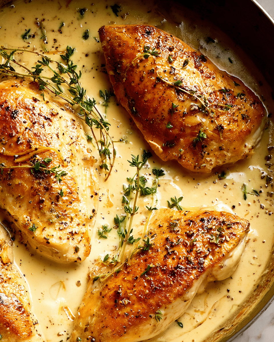 A close view of four thick chicken breasts with a golden brown crust on their top layer, soaking in a creamy light tan sauce with a smooth texture. Several fresh green thyme sprigs lie on top of the chicken and sauce, adding a touch of green. Small bits of lemon zest and black pepper are scattered over the chicken and sauce, adding contrast. The dish sits in a round pan shown at the bottom edge with a white marbled surface underneath. photo taken with an iphone --ar 4:5 --v 7