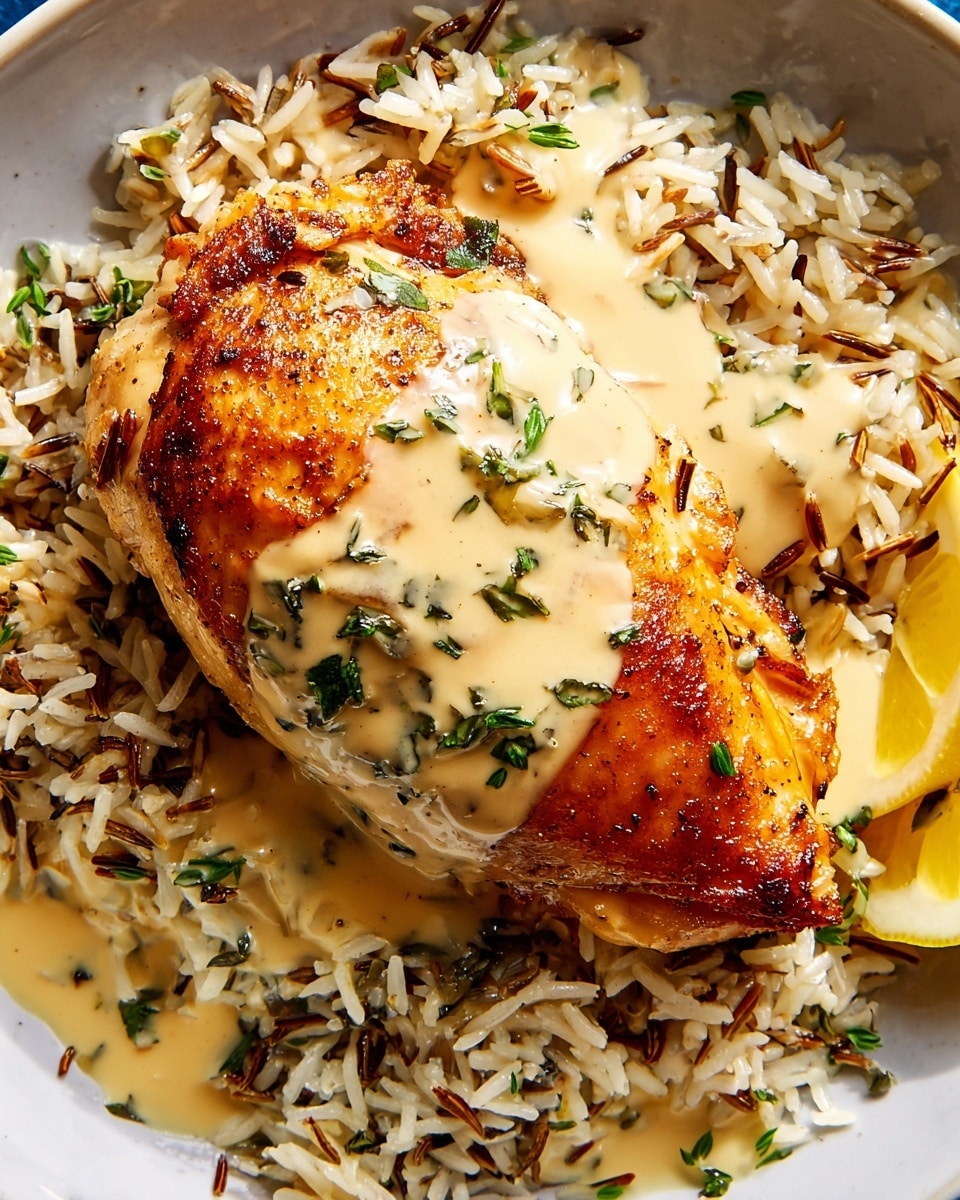 A close-up view of a roasted golden brown chicken breast with a crispy skin, placed on a bed of mixed white and wild rice. A creamy, light beige sauce with small chunks and green herb leaves is drizzled over the top center of the chicken. The dish is served on a white plate that reveals part of a lemon slice and some scattered herb leaves, all set on a white marbled surface. Photo taken with an iphone --ar 4:5 --v 7