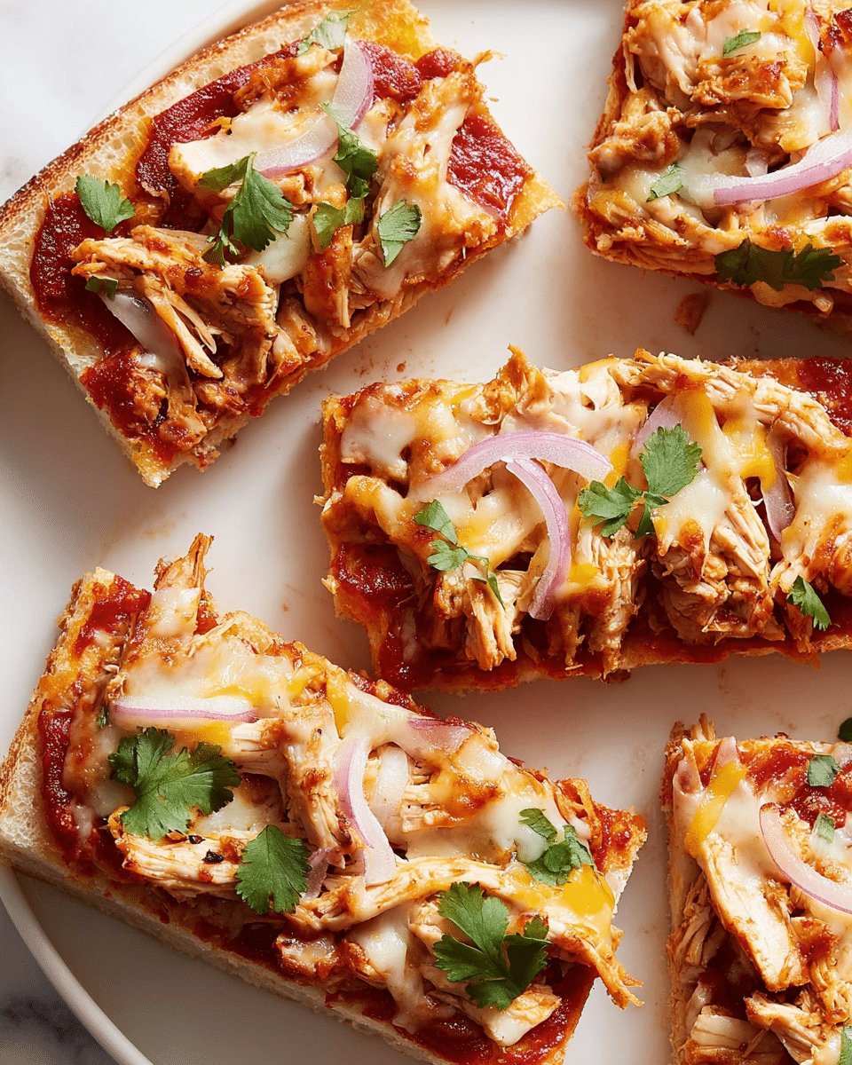 The image shows several rectangular slices of pizza on a white plate, placed on a white marbled surface. Each slice has three visible layers: the base is light golden bread with a slightly thick crust, followed by a bright red tomato sauce layer spread evenly. On top, there are shredded cooked chicken pieces with a golden brown tint, thin slices of purple onion, melted mozzarella and cheddar cheese in creamy white and yellow shades, and garnished with fresh green cilantro leaves. The melted cheese looks slightly bubbly and gooey, draped over the chicken and onions, and the sauce peeks through in places. One slice is slightly separated from the others, emphasizing the rectangular shape and layered texture photo taken with an iphone --ar 4:5 --v 7