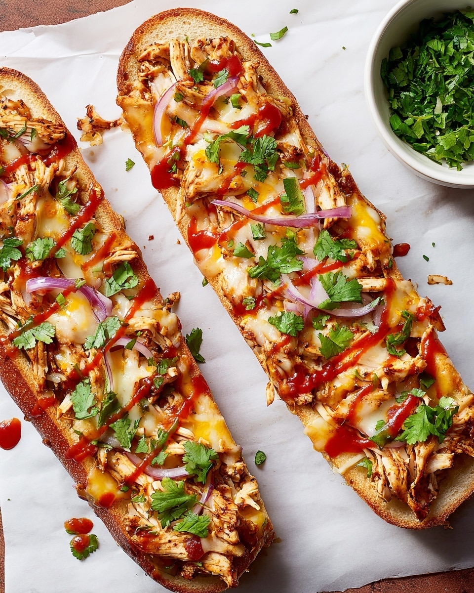 Two open sandwich pieces sit side by side on white parchment over a white marbled surface. Each sandwich has a base layer of toasted baguette with a light golden brown color and slightly crisp texture. On top, there is shredded cooked chicken with a warm brown color mixed with thin slices of purple-red onion. Melted cheese in light cream and yellow tones covers the chicken, slightly stretching and bubbling. Bright red sauce is drizzled in a zigzag pattern over the cheese and chicken. Fresh green cilantro leaves are scattered on top, adding a pop of color. On the right side of the image, a white bowl filled with chopped green cilantro sits partly visible. Photo taken with an iphone --ar 4:5 --v 7