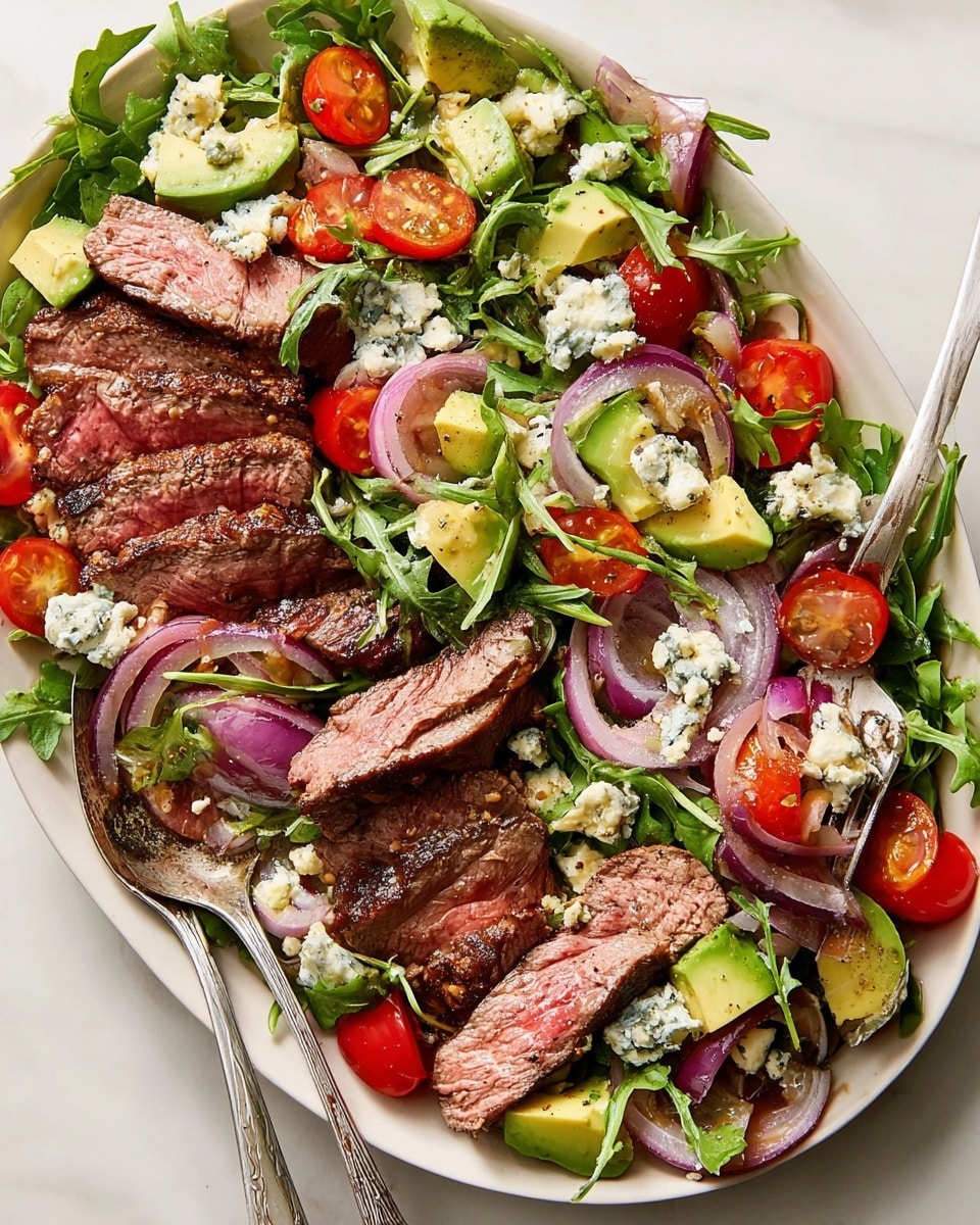 The image shows a white oval dish filled with a colorful steak salad on a white marbled surface. At the base, there is a bed of fresh green arugula leaves mixed with bright red cherry tomato halves and slices of light green avocado. On top, juicy medium-rare steak slices with a browned crust and pink center are layered evenly. Roasted red onion rings with a shiny, slightly charred texture are scattered throughout, along with crumbles of creamy blue cheese dotted across the salad. A spoon and fork rest on the right side of the dish, with the fork holding a piece of steak. photo taken with an iphone --ar 4:5 --v 7