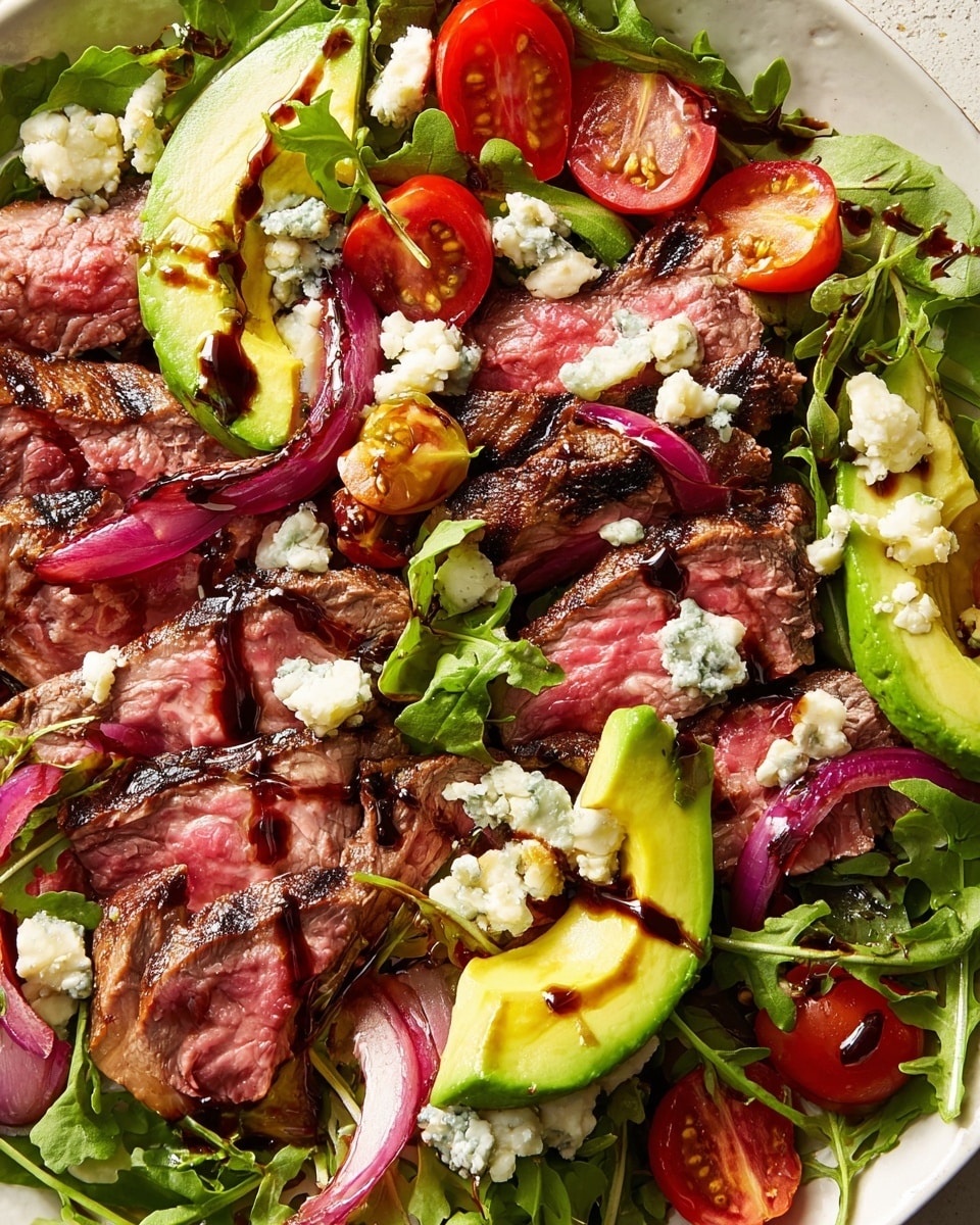 The image shows a white plate filled with a steak salad that has several layers. The bottom layer consists of fresh green arugula leaves spread evenly across the plate. On top of the greens are medium-rare steak slices with a pink center and a dark seared edge, arranged in overlapping pieces throughout the dish. Scattered among the steak are slices of grilled avocado with light grill marks, and bright red cherry tomato halves, both adding vibrant red and green colors. Thinly sliced cooked red onions, slightly caramelized, are also placed on top, adding a purple tone and soft texture. Crumbled chunks of blue cheese are spread evenly, creating white and blue specks across the dish. The salad is lightly drizzled with a dark balsamic glaze, adding a shiny finish and extra color contrast. photo taken with an iphone --ar 4:5 --v 7