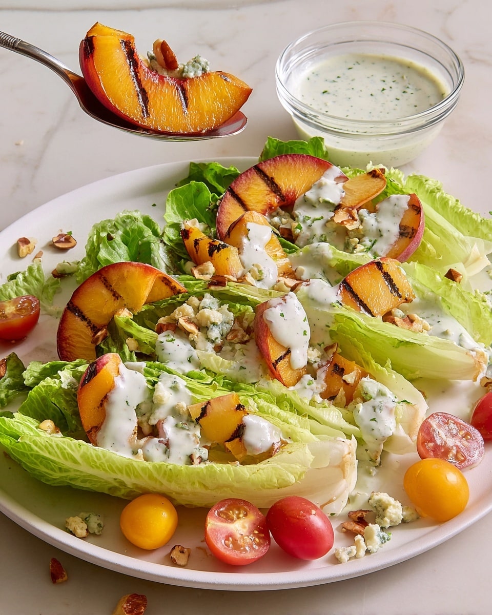 A white plate filled with a salad made of seven large wedges of light green lettuce as the base layer, each wedge topped with a drizzle of creamy white dressing with green herbs. On top of the lettuce, there are several slices of grilled peach, showing brown grill marks and a soft orange color. Cherry tomato halves in red and yellow are scattered around the plate, adding bright spots of color. Small chunks of crumbly pale blue cheese and small brown hazelnuts are sprinkled over everything for texture. A metal serving spoon holds one wedge with dressing, grilled peach slice, and hazelnuts above the plate. In the background, a small clear glass bowl with more white dressing is placed on a white marbled surface. photo taken with an iphone --ar 4:5 --v 7