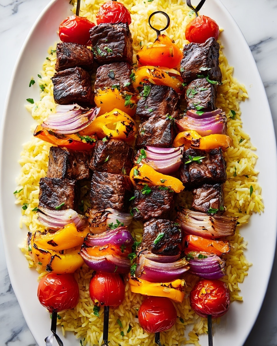 Four skewers of grilled beef and vegetables are placed side by side on a white plate filled with a bed of golden yellow rice. Each skewer has roughly five layers starting from the top with a thick, dark brown grilled beef cube, followed by layers of charred yellow and orange bell peppers, bright red cherry tomatoes, and slices of purple-red onion. The rice underneath is speckled with small green herbs, adding a fresh touch. The white marbled surface under the plate creates a clean, bright background. photo taken with an iphone --ar 4:5 --v 7