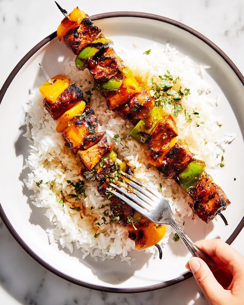 The image shows two grilled skewers with chunks of orange and brown meat and green bell peppers, placed on a bed of white rice on a white plate with a dark rim, all set on a white marbled surface. The skewers have 5-6 pieces of meat and vegetables each, with a slightly charred texture and glistening sauce on top. There are small bits of green herbs scattered over the rice and skewers. A silver fork held by a woman's hand is pressing down on a piece of skewer near the edge of the plate. The lighting is bright and natural, highlighting the colors and textures of the food. photo taken with an iphone --ar 4:5 --v 7