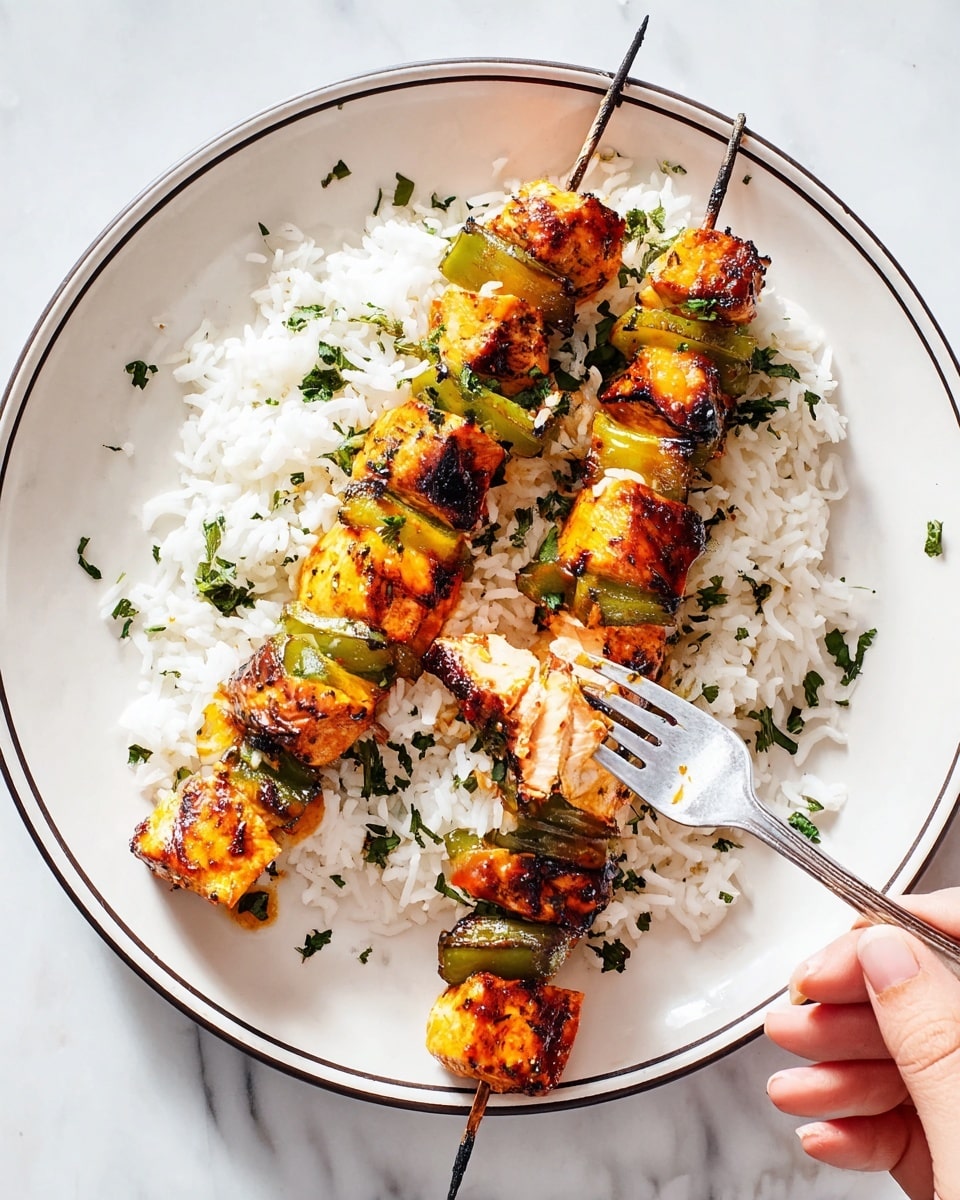 A white plate with a thin dark rim holds two grilled skewers on a bed of white rice scattered with fresh green herbs. Each skewer has chunks of orange grilled chicken and green bell pepper pieces, showing slight char marks on the meat and veggies. A silver fork held by a woman's hand is lifting a skewer piece, breaking into the tender, juicy texture of the chicken. The plate rests on a white marbled surface, adding brightness to the setting. photo taken with an iphone --ar 4:5 --v 7
