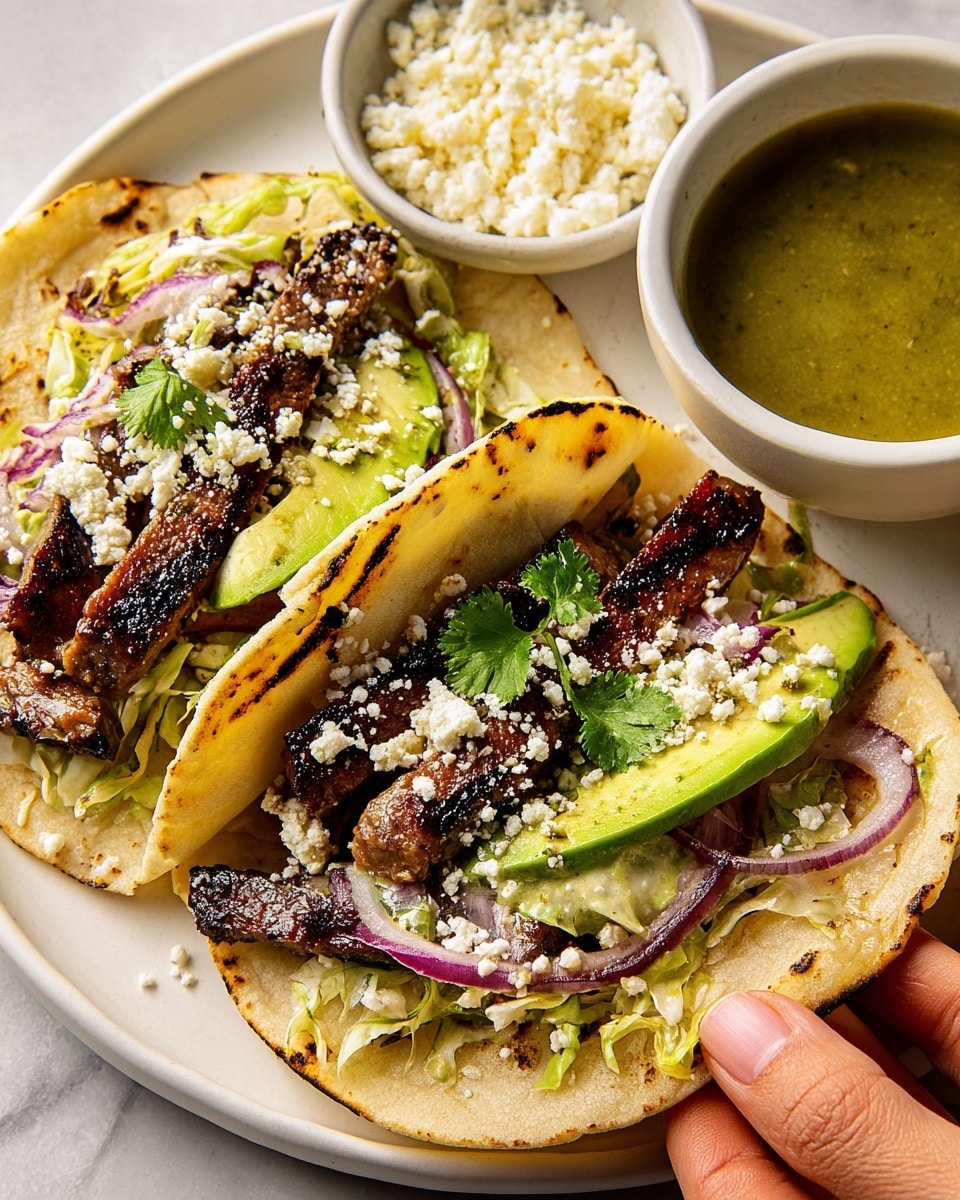 Two grilled tacos rest on a white plate with a white marbled texture background. Each taco has three dark brown grilled strips of meat on the top layer, beneath which are fresh green slices of avocado, light yellow shredded cabbage, thin purple onion rings, and some green cilantro leaves. Crumbled white cheese is sprinkled generously over the tacos. On the side, there is a small white bowl filled with a green sauce and another white bowl holding white crumbled cheese. A woman's hand is holding one of the tacos gently from the right side of the plate. Photo taken with an iphone --ar 4:5 --v 7