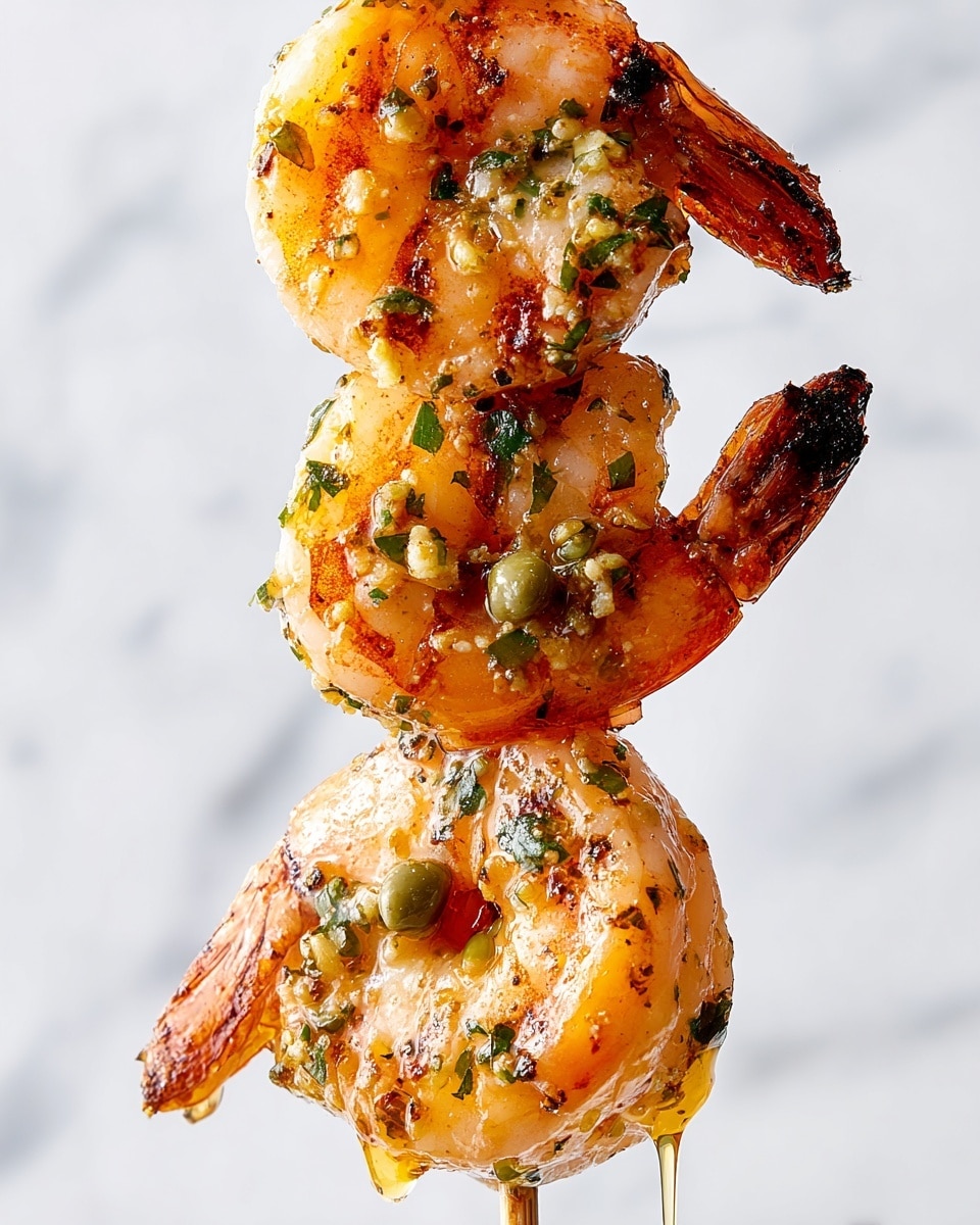 The image shows three large grilled shrimp stacked vertically on a skewer. Each shrimp has a slightly orange grilled shell with char marks and is covered with small pieces of green herbs and tiny bits of garlic or onion. Small green capers are placed on top of the shrimp, and some golden seasoning or sauce glistens on the surface. A drip of sauce or oil is falling from the shrimp at the bottom. The background is a white marbled texture. photo taken with an iphone --ar 4:5 --v 7