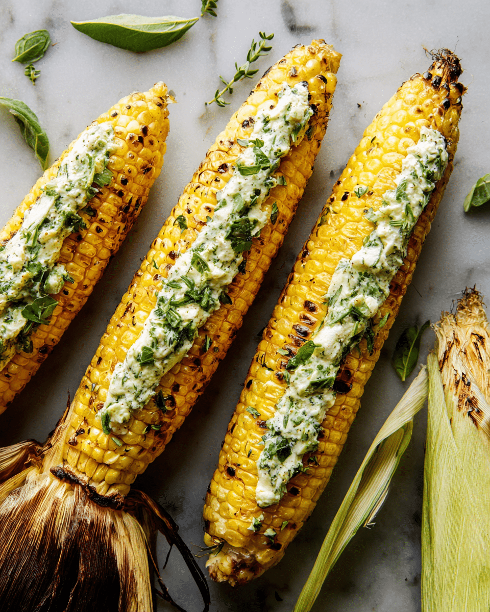 Three ears of grilled yellow corn with some charred spots are laid out on a white marbled textured surface. Each ear is topped with a thick layer of creamy white butter mixed with finely chopped green herbs, spread evenly along the middle length of the corn. Small green leaves are scattered on and around the corn, adding a fresh touch. The husk of one ear is partially visible at the bottom right corner showing a pale yellow color. Photo taken with an iphone --ar 4:5 --v 7