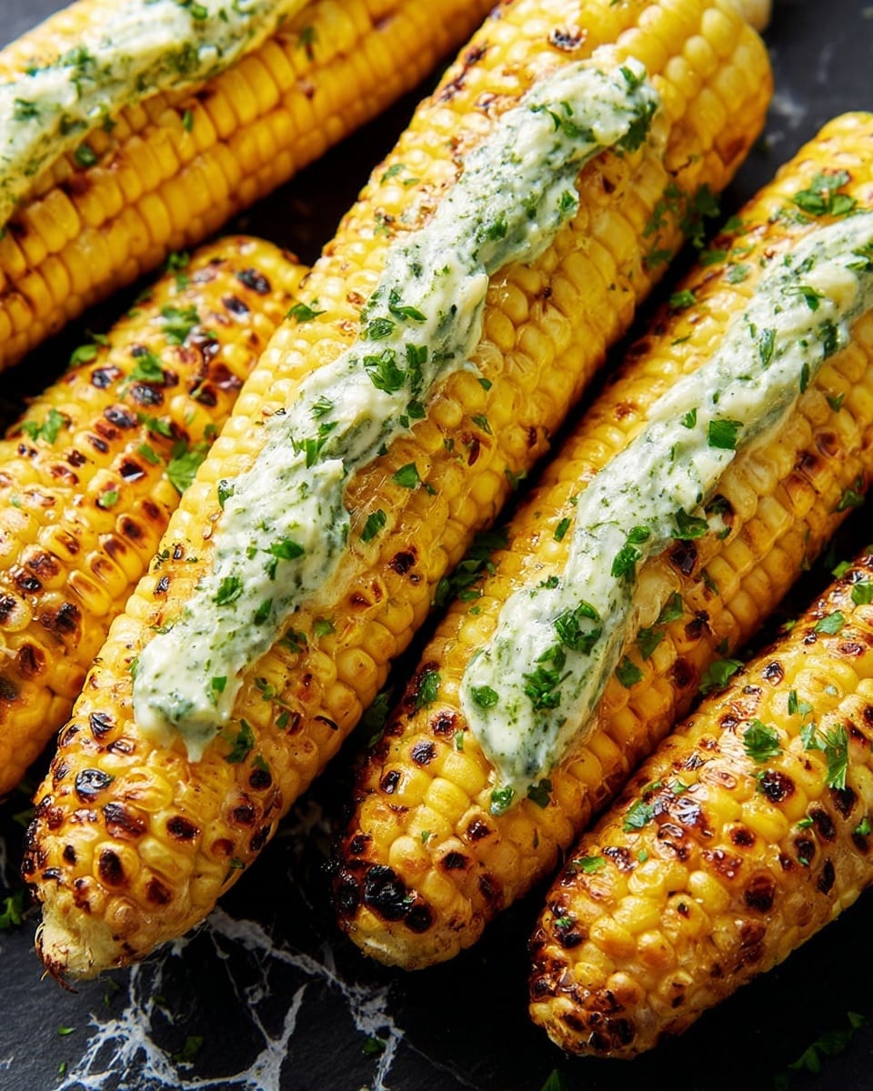 The image shows several grilled corn cobs placed close together on a dark surface with a white marbled texture. Each corn cob has a bright yellow and light cream color with charred black spots scattered through the kernels. On top of the corn, there is a thick layer of creamy green herb butter, unevenly spread and melting slightly, with visible green herb pieces embedded. Small chopped parsley leaves are sprinkled over and around the corn, adding fresh green color highlights. The texture of the corn is juicy and slightly glossy, contrasting with the soft, creamy butter and rougher char marks. Photo taken with an iphone --ar 4:5 --v 7