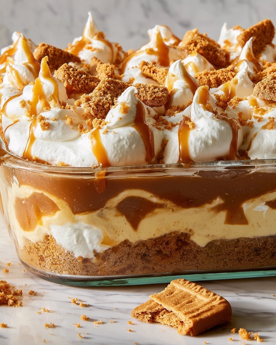 The image shows a close-up of a dessert in a clear glass baking dish with three main layers, placed on a surface with a white marbled texture. The bottom layer is a rough, crumbly crust in golden brown color. The middle layer is smooth and thick caramel sauce, visible through the glass. The top layer is a fluffy white whipped cream, piped in tall, soft peaks, drizzled with caramel sauce and sprinkled with crushed golden brown cookie crumbs. A broken cookie lies in front of the dish on the surface. photo taken with an iphone --ar 4:5 --v 7