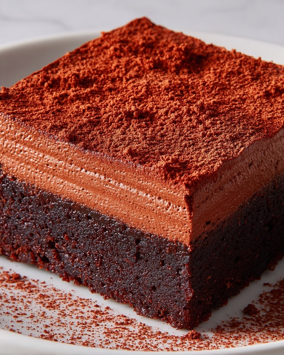 A close-up of a two-layer chocolate dessert square on a white plate, with a white marbled texture surface. The bottom layer is a dark brown, dense, slightly crumbly brownie base, while the top layer is a thick, smooth chocolate mousse with a lighter brown color, dusted evenly with fine reddish-brown cocoa powder or spice. The mousse has gentle, soft ridges across the surface, and some powder falls lightly onto the plate around the dessert edges, showing a rich texture contrast between both layers photo taken with an iphone --ar 4:5 --v 7