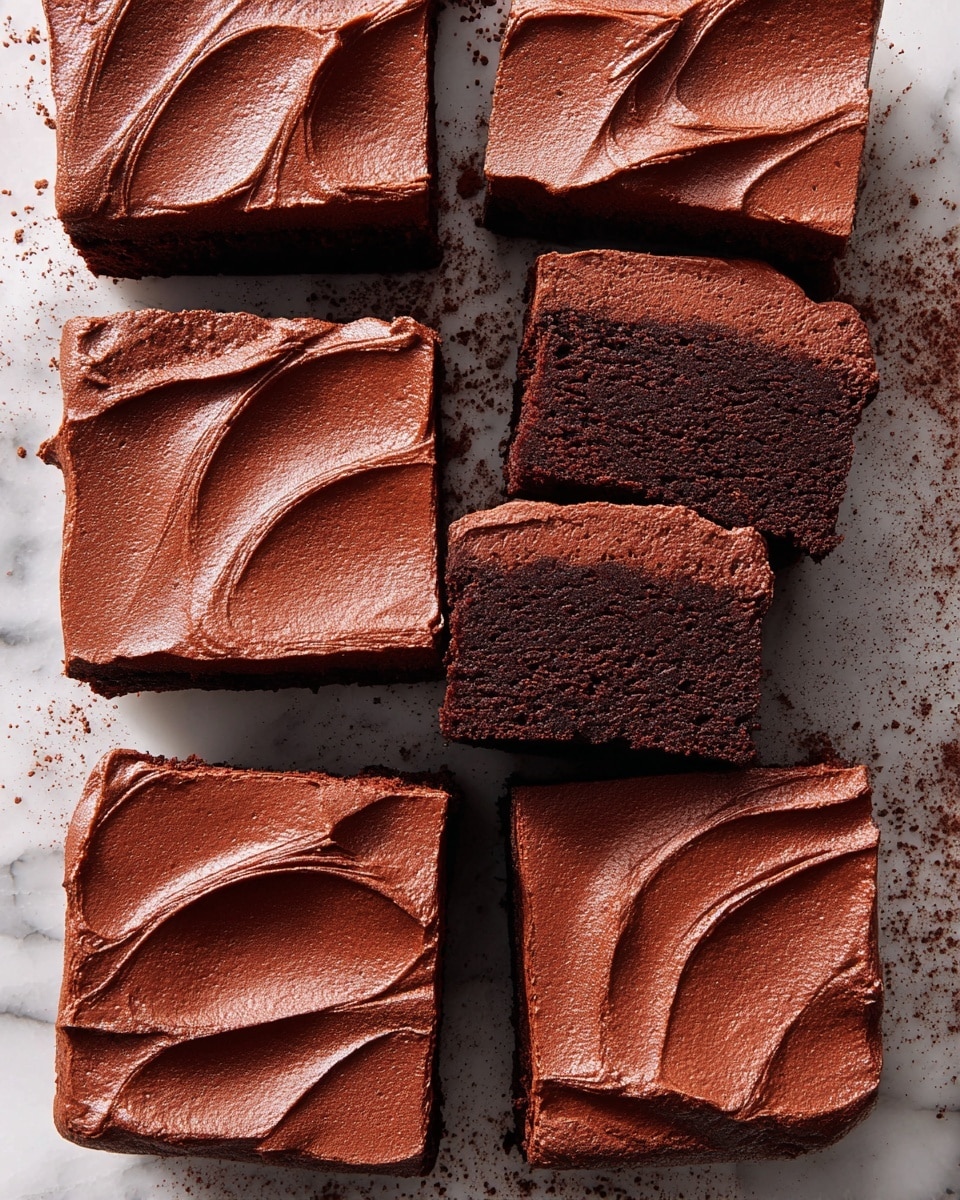 Nine square pieces of chocolate cake with thick chocolate frosting are arranged on a white marbled surface. Each piece has two visible layers: the bottom dense, dark brown cake layer, and the top layer of smooth, creamy chocolate frosting with a slightly wavy texture. One piece is slightly lifted, showing the even thickness of both the cake and frosting layers. Cocoa powder is lightly dusted around the edges, adding a fine textured detail to the scene. Photo taken with an iphone --ar 4:5 --v 7