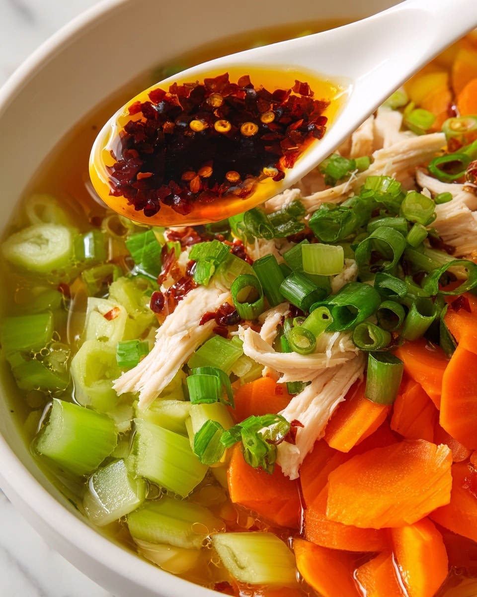 A close-up image of a white bowl filled with a colorful soup, showing layers of bright orange carrot slices, light green celery pieces, and white shredded chicken scattered throughout. On top, there are also finely chopped green onion rings. Above the soup, a white spoon holds a dark red chili oil with visible chili flakes, dripping a little into the soup. The bowl is set on a white marbled surface, making the colors of the vegetables and chili oil stand out vividly, photo taken with an iphone --ar 4:5 --v 7