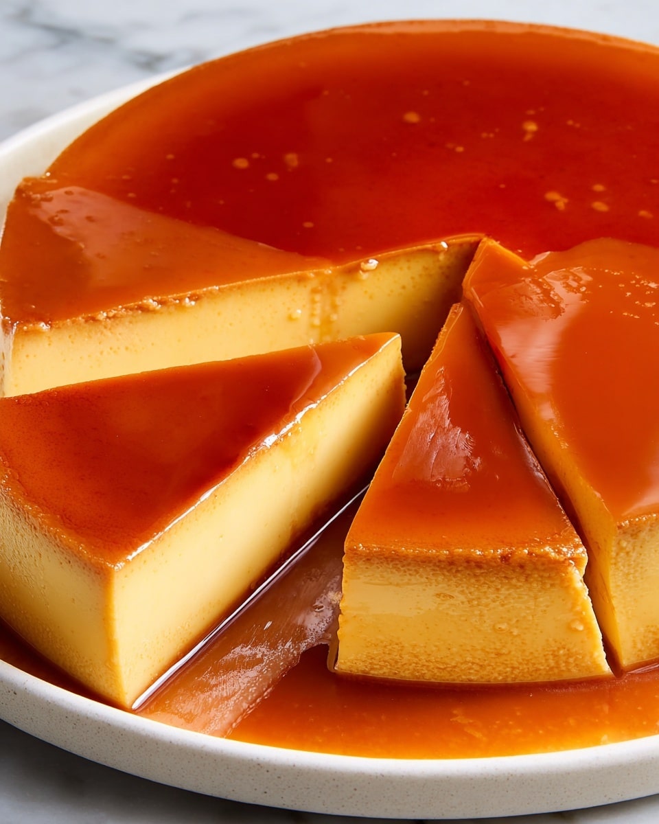 A close-up of a creamy caramel flan with a smooth, shiny caramel layer on top in a deep golden-brown color. The flan has a soft yellow custard layer underneath the caramel, showing one thick slice being lifted. The flan sits on a white plate, surrounded by a pool of rich caramel sauce that glistens on the white marbled surface. The dessert looks silky and firm with sharp, clean edges where the slice was cut. Photo taken with an iphone --ar 4:5 --v 7