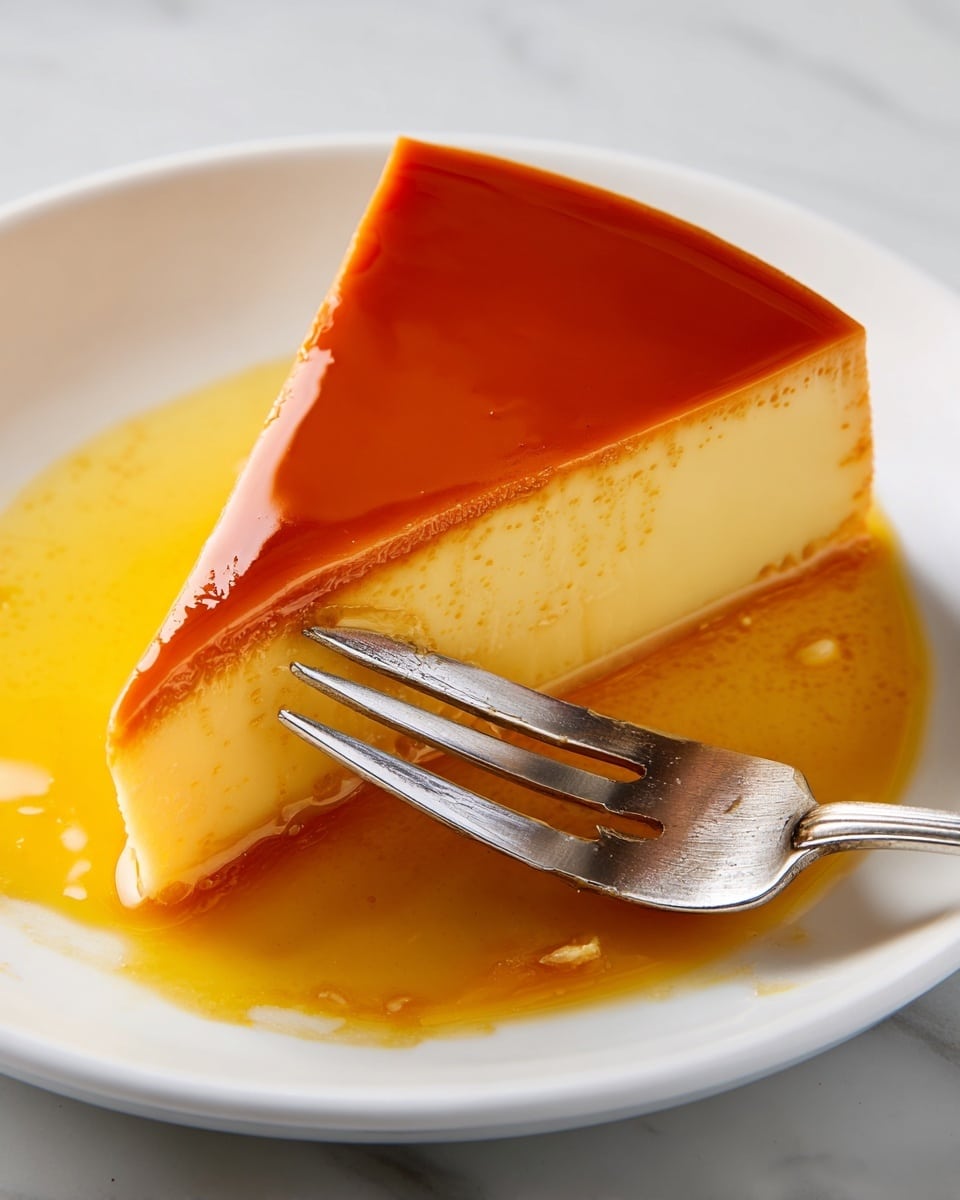 A single slice of custard flan with two clear layers is shown on a white plate. The top layer is a smooth, shiny caramel layer in a rich amber color that covers the entire surface. The bottom layer is a creamy pale yellow custard with a firm, slightly glossy texture. The slice is placed on a pool of golden caramel sauce that spreads unevenly on the plate. A silver fork gently presses into the front side of the slice, causing a small indentation in the caramel layer. The plate rests on a white marbled surface. photo taken with an iphone --ar 4:5 --v 7