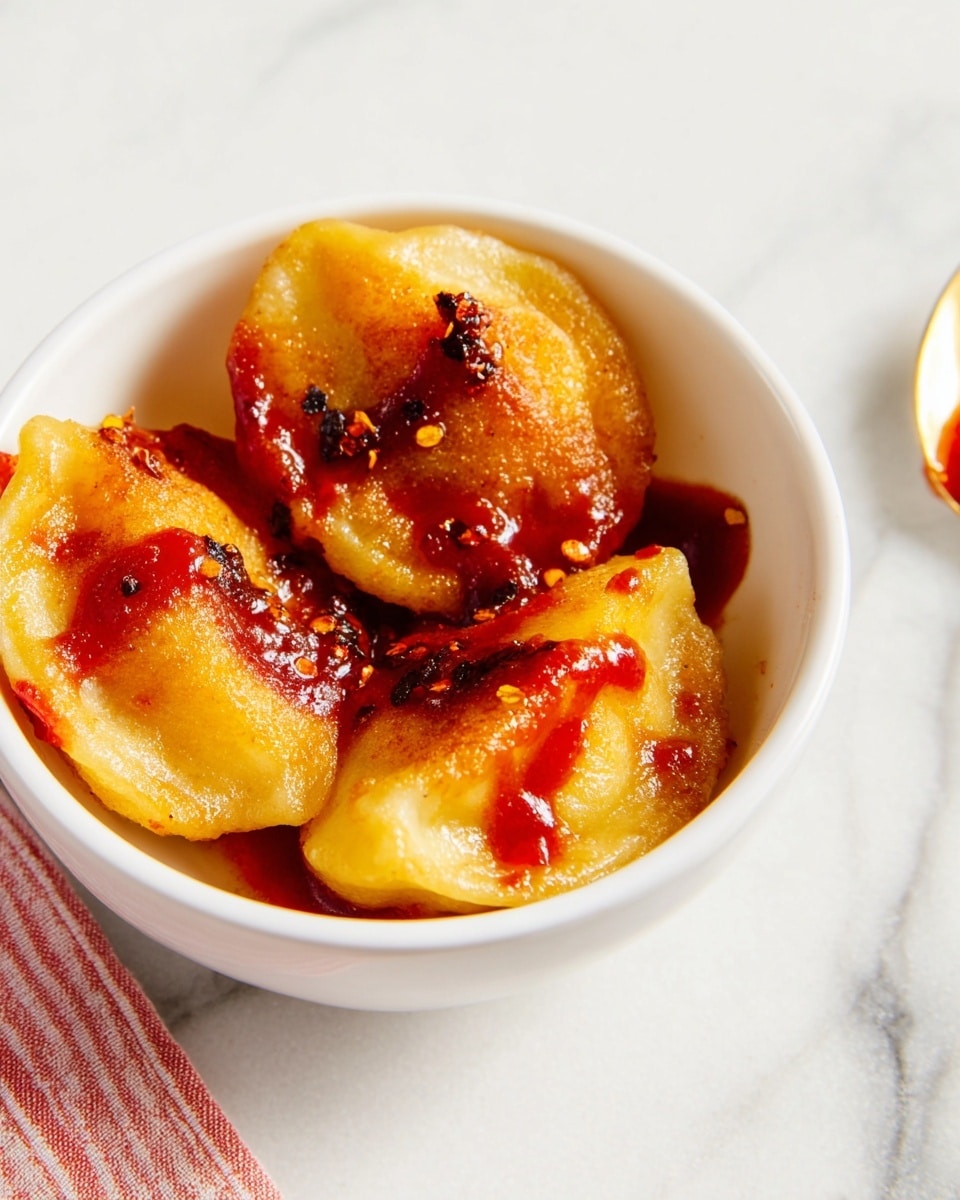 A white bowl filled with three golden-yellow fried dumplings with a soft, slightly crispy texture, each topped and drizzled with bright red sauce that looks thick and sticky. The dumplings are arranged close together, with some dark chili flakes sprinkled on top, adding tiny spots of red and black color. The bowl is placed on a white marbled surface, creating a clean and bright background. photo taken with an iphone --ar 4:5 --v 7
