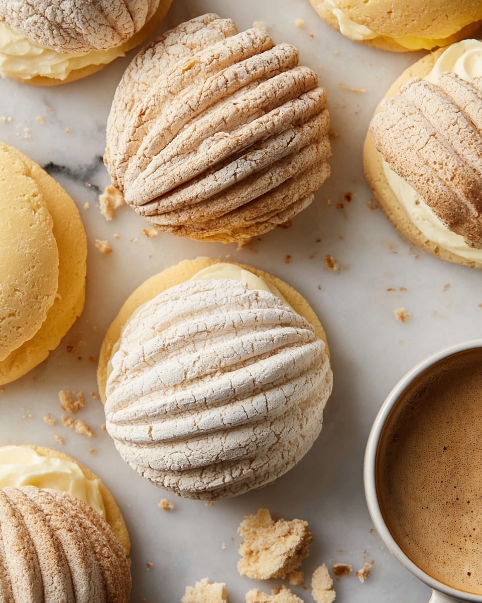 The image shows several conchas, a Mexican sweet bread, placed on a white marbled surface. Each concha has two layers: a soft, smooth, round base colored pale yellow, and a thick, textured topping with a shell-like pattern. The topping varies in color; some are creamy white with a cracked, crumbly texture, while others are light brown with clear ridges. Crumbs and small pieces of the topping are scattered around, adding a rustic feel. On the right side, there is a white cup filled with frothy coffee, softly contrasting with the breads. photo taken with an iphone --ar 4:5 --v 7