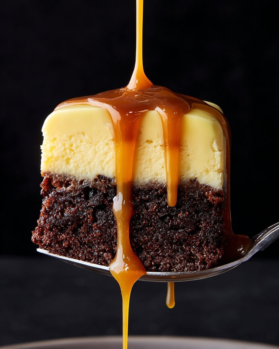A close-up of a dessert slice held on a silver fork, showing two layers: the bottom layer is dark brown, moist chocolate cake with a crumbly texture, and on top is a smooth, pale yellow creamy layer resembling cheesecake. Thick golden caramel syrup is being poured over the top, dripping down the sides and sides of the fork, with one long drip extending below the fork. The background is a plain black color and the surface beneath is not visible. photo taken with an iphone --ar 4:5 --v 7