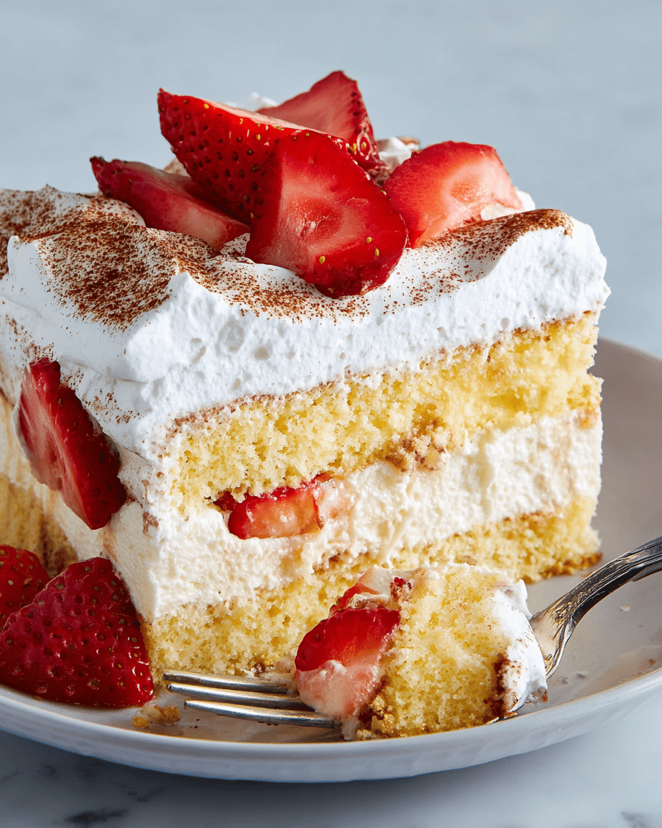 A close-up of a slice of cake on a white plate showing three layers: the bottom layer is soft and light yellow cake, the middle layer is smooth cream with soaked syrup making it moist, and the top layer is thick white whipped cream dusted with brown cinnamon powder; bright red sliced strawberries with visible seeds are placed on top and around the cake, with a silver fork holding a piece of the cake on the right side, all set on a white marbled surface photo taken with an iphone --ar 4:5 --v 7