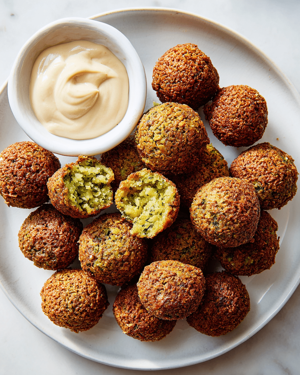 A white plate holds many round, golden-brown falafel balls with a crispy, textured outside; two falafels are broken in half showing a soft, crumbly, green inside with visible herbs. At the top left of the plate, a small white bowl filled with creamy, pale beige tahini sauce is placed, with one falafel half dipped in the sauce. All of this rests on a smooth white marbled surface. photo taken with an iphone --ar 4:5 --v 7