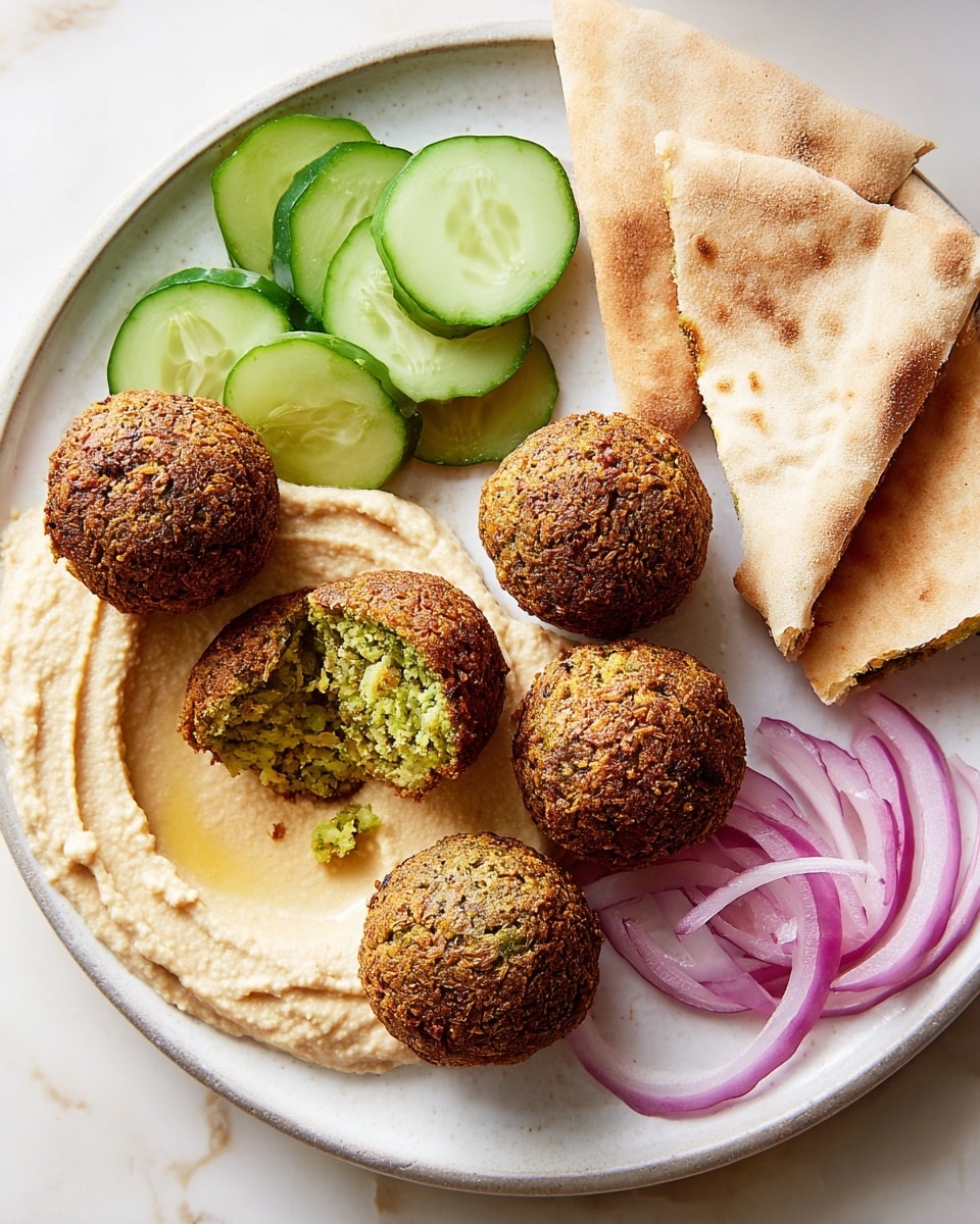 On a white plate with a white marbled texture background, five falafel balls with a rough, golden-brown crust are arranged, with one falafel split in half showing a bright green, crumbly inside. Underneath part of the falafel is a smooth, creamy layer of light beige hummus spread in a curved shape. On the top left of the plate, there are fresh cucumber slices, showing a bright green color with light green centers. At the top right, two triangular pieces of warm pita bread with a soft, light tan, and slightly charred texture are placed overlapping slightly. Thin, curved slices of purple-red onion are spread at the bottom right of the plate, adding a delicate contrast. Photo taken with an iphone --ar 4:5 --v 7