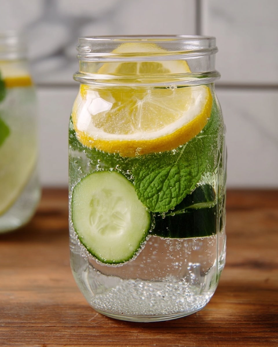 A close-up view of a clear glass jar filled with sparkling water, showing bubbles inside. At the bottom of the jar, there is a bright green mint leaf with a textured surface. Above the mint is a thick, dark green cucumber slice placed sideways. At the top, a round lemon slice with bright yellow skin and a translucent, pale yellow pulp floats, partially submerged in the water. The jar is placed on a wooden surface with a white marbled wall background visible behind it. Photo taken with an iphone --ar 4:5 --v 7