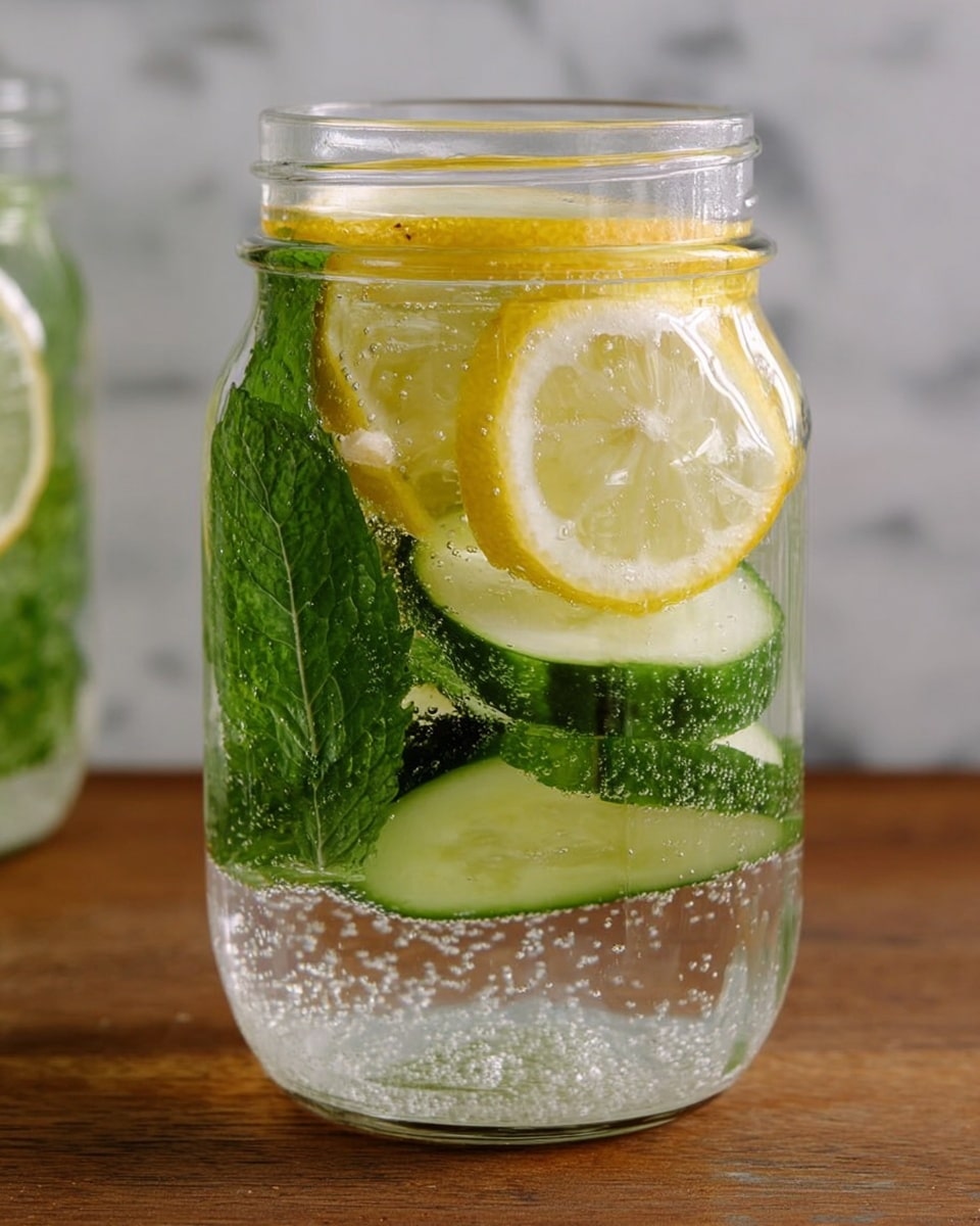 A clear glass jar filled with sparkling water showing three visible layers inside: at the bottom, bright green mint leaves with detailed texture; a middle layer of sliced cucumber with dark and light green skin and pale green flesh slightly tilted; and floating on top, two thin lemon slices with bright yellow rind and light yellow flesh, all surrounded by small bubbles rising in the water. The jar sits on a wooden surface with a white marbled texture in the background. Photo taken with an iphone --ar 4:5 --v 7