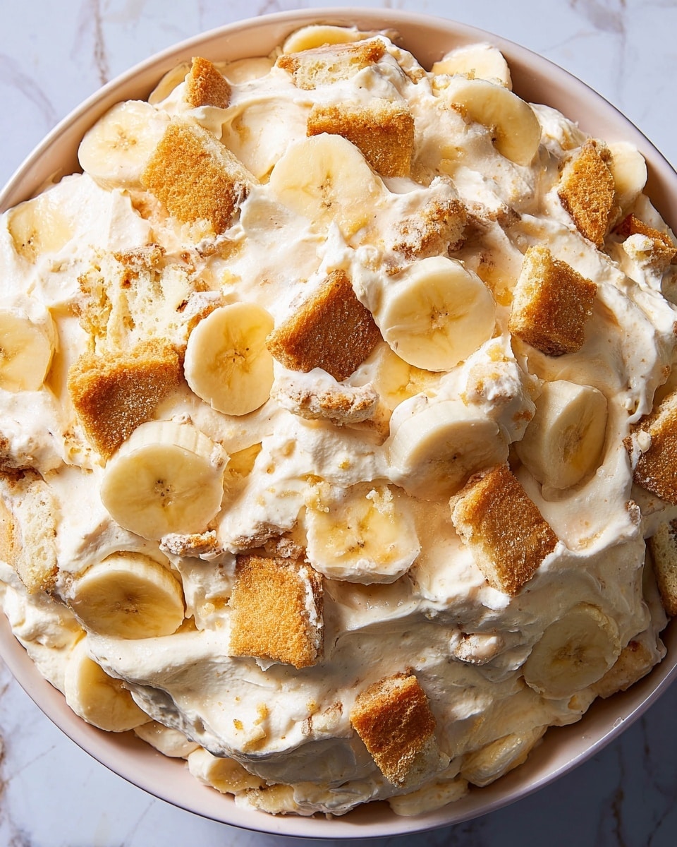 A close-up view of a creamy layered dessert in a white bowl, piled high with whipped, light beige cream mixed with small chunks of golden-brown cake pieces. Sliced banana rounds with a soft yellow color and smooth texture are scattered evenly on the top, some partly hidden under the cream and cake pieces. The cake pieces are irregular shards that show a slightly crumbly texture with a warm golden-brown crust. The background shows a subtle white marbled surface adding a clean and bright setting. photo taken with an iphone --ar 4:5 --v 7