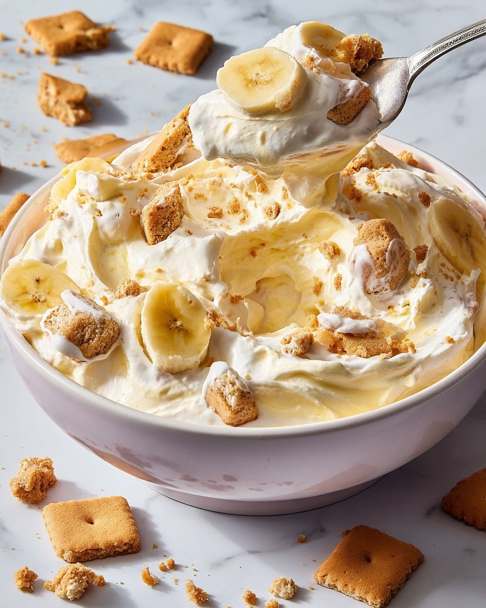 A large white bowl filled with a creamy dessert made of pale yellow whipped mixture mixed with slices of banana and broken light golden brown cookie pieces, some whole banana slices and cookie chunks visible on top. A spoon, holding a scoop of this thick dessert with banana and cookie bits, is held above the bowl. The bowl sits on a white marbled surface with scattered cookie pieces around it. The creamy texture looks soft and fluffy with a mix of smooth and crumbly layers. photo taken with an iphone --ar 4:5 --v 7