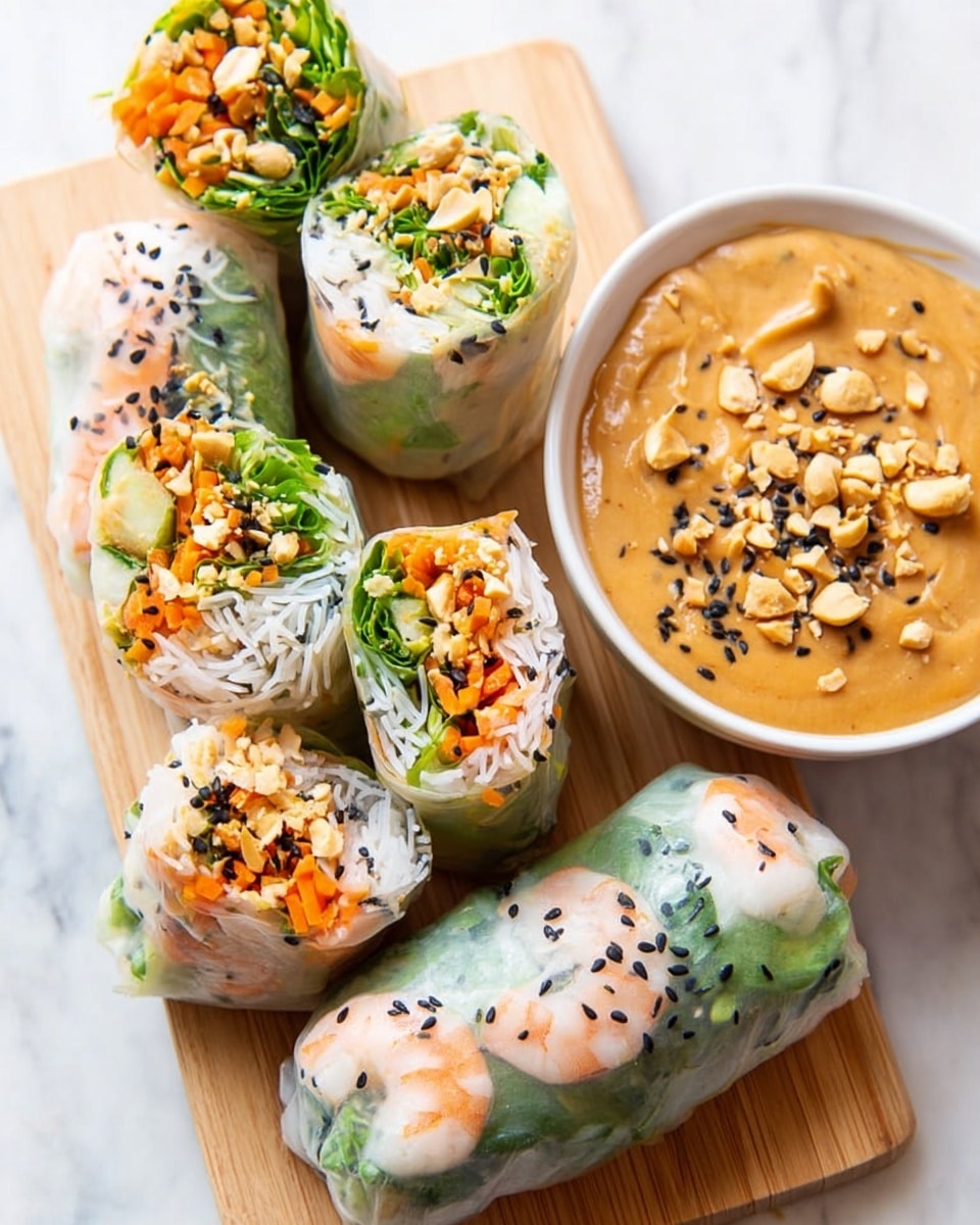 The image shows four fresh spring rolls on a white tray with a white marbled texture background. Each spring roll is wrapped in translucent rice paper with black sesame seeds sprinkled on top, showing layers of pink shrimp and bright green leaves inside. One spring roll is cut in half, revealing thin white rice noodles, shredded orange carrots, and green lettuce inside. Next to the spring rolls is a small green bowl filled with creamy peanut sauce, topped with chunks of crushed peanuts and a few black sesame seeds. Photo taken with an iphone --ar 4:5 --v 7