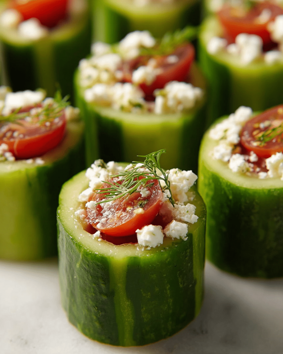 A white rectangular plate holds eleven cucumber cups arranged in three neat rows. Each cucumber cup is green with a smooth outer skin and hollowed center, filled with layers of ingredients: bright red cherry tomato halves, small chunks of dark purple olives, white crumbled cheese, and garnished with fresh green herbs on top. The plate sits on a dark wooden table, with a blue and white patterned cloth partially visible on the left side. photo taken with an iphone --ar 4:5 --v 7