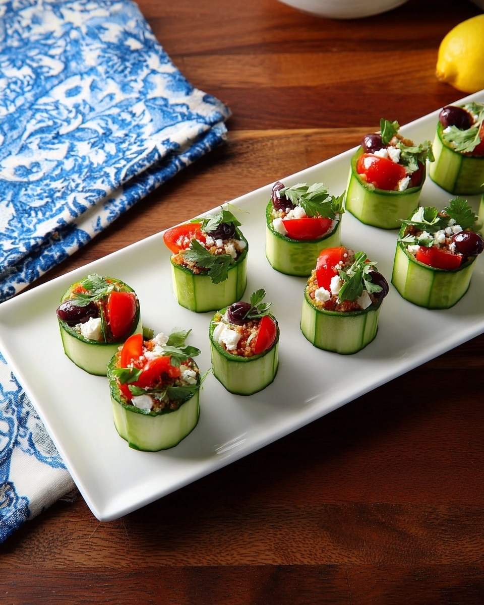 A close-up of small cucumber cups arranged tightly together on a white marbled surface, each cucumber cup having three layers: the outer green cucumber skin, a hollowed pale green cucumber interior, and the top layer filled with white crumbly cheese, pieces of bright red cherry tomato slices, and sprinkled with green dill leaves. The fillings create a mix of smooth, crumbly, and juicy textures inside the crisp cucumber cups. Photo taken with an iphone --ar 4:5 --v 7
