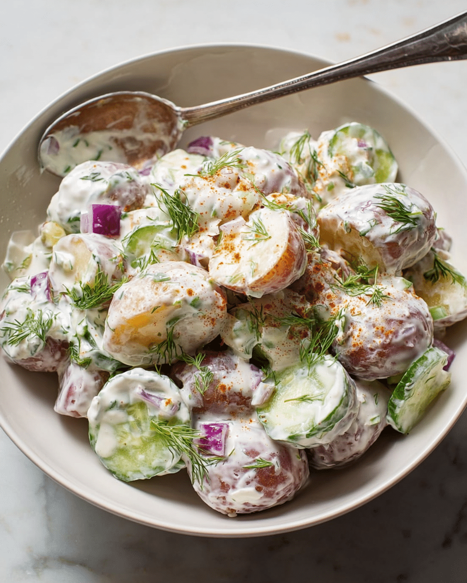 A white bowl filled with small, halved red and purple baby potatoes coated in a thick, creamy white dressing with visible green dill herbs mixed in. Scattered among the potatoes are small cubes of bright green cucumber and diced purple onion, adding pops of color. The creamy dressing is lightly dusted with a reddish-brown spice, likely paprika, for extra contrast. Small sprigs of fresh dill garnish the top, and the bowl is set on a white marbled surface. photo taken with an iphone --ar 4:5 --v 7