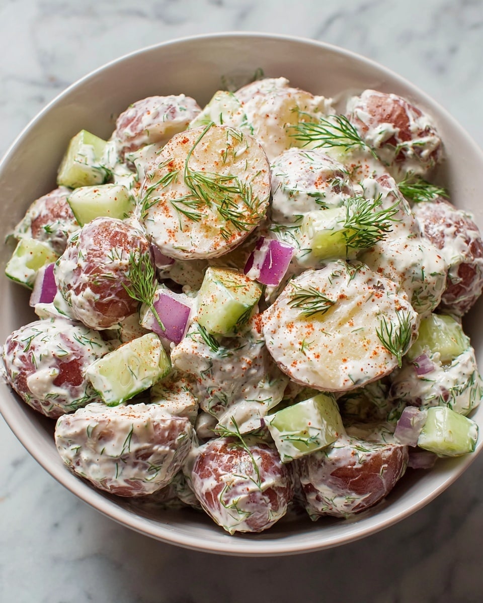 The image shows a white bowl filled with halved baby potatoes coated in a creamy white sauce, mixed with small pieces of purple-red onion and green cucumber. There are green dill sprigs scattered on top and a light dusting of orange-red spice. A silver spoon rests inside the bowl, partially covered with the sauce. The bowl sits on a white marbled surface. photo taken with an iphone --ar 4:5 --v 7