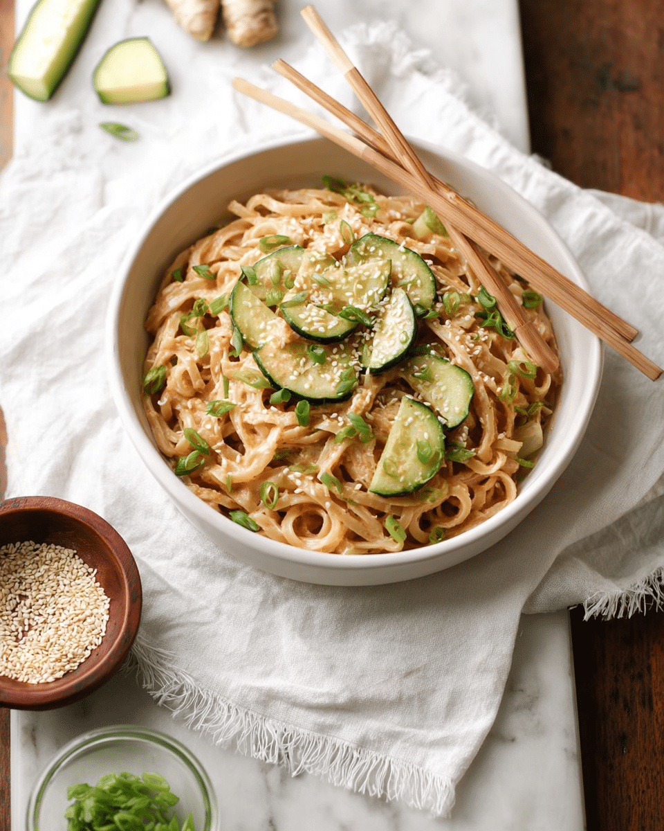 A white bowl is filled with thick noodles coated in a creamy light brown sauce. Mixed in are thin cucumber slices and sprinkled sesame seeds on top. The dish is garnished with chopped green onions and a few large green cilantro leaves on one side. Two pale wooden chopsticks rest diagonally across the bowl. The bowl sits on a crumpled white cloth over a dark wooden surface, with a cucumber sliced into rounds nearby. photo taken with an iphone --ar 4:5 --v 7