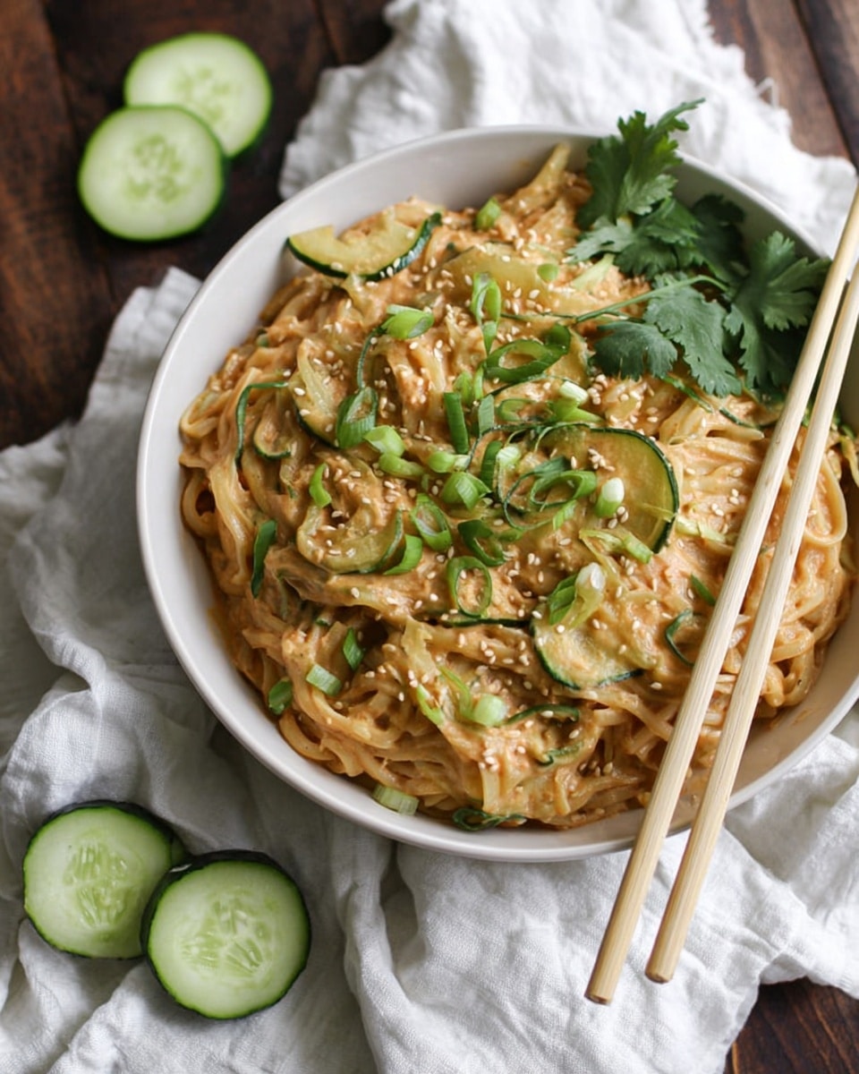 A white bowl filled with a creamy, light brown noodle dish with visible slices of pale green cucumber scattered throughout. On top, there are small green onion pieces and white sesame seeds sprinkled across the noodles, adding texture. Two light wooden chopsticks rest across the bowl. The bowl sits on a white cloth with frayed edges, placed on a white marbled surface. Nearby, there is a small clear glass bowl of sesame seeds and a small brown bowl with green onion slices, along with a few cucumber slices and a piece of ginger on the side. Photo taken with an iphone --ar 4:5 --v 7