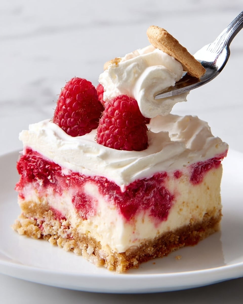 A close-up view of a three-layer dessert square on a white plate, placed on a white marbled texture. The bottom layer is a thick, crumbly, golden-brown crust. The middle layer is creamy white with red raspberry bits mixed in, topped with a bright, chunky red raspberry layer. On top, there is a thick swirl of smooth white cream, garnished with three whole raspberries and a small broken piece of a light brown cookie. A silver fork lifts a fluffy piece of the white cream layer from the dessert. Photo taken with an iphone --ar 4:5 --v 7