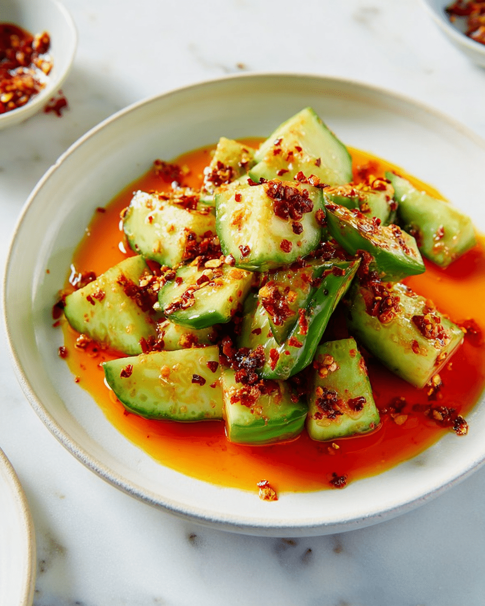 The dish is served in a white plate with a smooth texture and soft edges, placed on a white marbled surface. It consists of roughly chopped cucumber pieces scattered unevenly in two layers. The cucumber skin is bright green with a slightly shiny, smooth texture. The flesh inside is pale green and slightly soft. The cucumber chunks are covered in a thick layer of red chili flakes mixed in a glossy, bright orange oily sauce that pools slightly at the base of the plate and coats the cucumber pieces unevenly. The chili flakes add a grainy texture and dark red contrast on top of the vibrant green cucumber. photo taken with an iphone --ar 4:5 --v 7