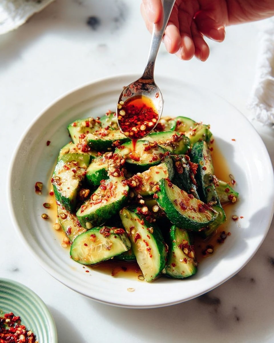 A white round plate sits on a white marbled surface, filled with roughly cut cucumber pieces showing vibrant dark and light green colors from skin to inside. The cucumbers are layered with a spicy red chili sauce that has visible chili flakes and oil glistening on top, giving a shiny and textured look. A hand holds a small spoon with more chili sauce above the cucumbers, ready to drizzle. Bright red chili flakes and glistening oil drops are scattered around the plate, adding more color contrast to the green and white tones. Photo taken with an iphone --ar 4:5 --v 7