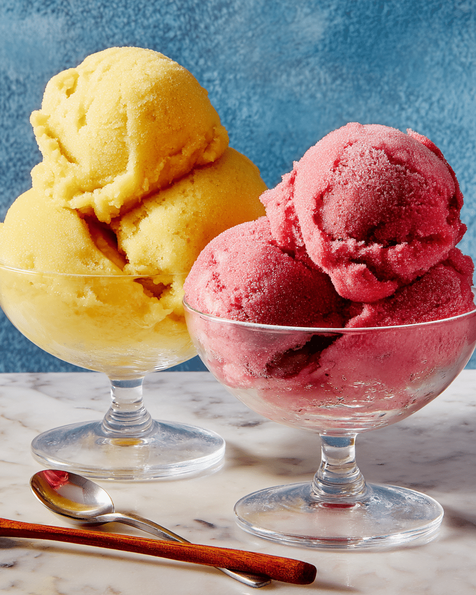 Two clear glass dessert bowls filled with three scoops each of icy sorbet are set on a white marbled texture. The left bowl shows bright yellow scoops stacked closely, creating a soft, grainy texture with slight melting parts. The right bowl contains deep pinkish-red sorbet scoops, displaying a smooth yet slightly frosted surface with icy crystals visible. Both bowls are placed close to each other, and in the foreground there is a shiny silver spoon and a wooden spoon resting on the white marbled texture. The background is a textured blue wall. Photo taken with an iphone --ar 4:5 --v 7