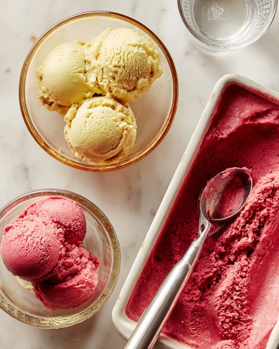 The image shows two small glass bowls placed on a white marbled surface. The bowl on the top holds three scoops of pale yellow ice cream with a soft, slightly grainy texture. Below it, the second bowl contains three scoops of deep pinkish-red ice cream that looks smooth and creamy, with a spoon resting inside. To the right, there is a rectangular white container filled with the same deep pinkish-red ice cream, partially scooped out with a silver ice cream scoop sitting on top. A clear glass of water is visible behind the bowls. Photo taken with an iphone --ar 4:5 --v 7