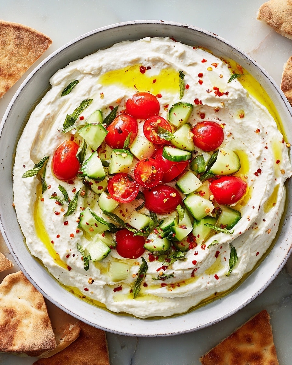 A white bowl is filled with a thick layer of creamy white spread, swirled with a smooth texture and drizzled with golden olive oil on top. On the surface of the spread, bright red cherry tomato halves and fresh light green cucumber chunks are scattered, fresh green herb leaves add small but distinct pops of color. Tiny red chili flakes are sprinkled delicately across the spread, creating a slight contrast. The bowl sits on a white marbled texture, with pieces of toasted pita bread in the corners, the bread is light brown and slightly crispy. Photo taken with an iphone --ar 4:5 --v 7