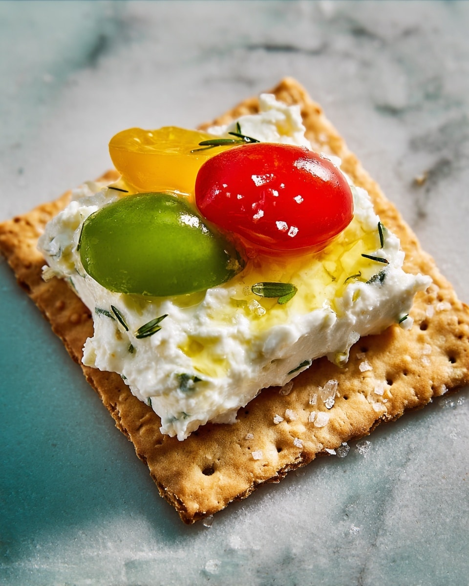 A square cracker with a golden light brown color and slightly rough texture is topped with a thick layer of creamy white cheese mixed with small green herb pieces. On top of the cheese, there are two small tomato pieces—one green and one red—with smooth, juicy textures. A drizzle of yellow olive oil shines over the cheese and cracker, while some coarse salt crystals are scattered on the cracker. The cracker is placed on a surface with a white marbled texture. photo taken with an iphone --ar 4:5 --v 7