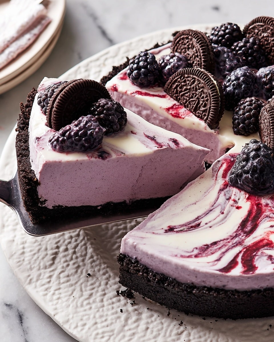 A slice of three-layer pie is shown with a dark crumbly chocolate crust as the bottom layer, a smooth light purple creamy filling as the middle layer, and a thick swirled topping layer made of white cream mixed with purple berry sauce, decorated with fresh blackberries and whole mini chocolate sandwich cookies evenly spaced on top, all placed on a white textured plate on a white marbled surface, the pie lifter is holding one slice. photo taken with an iphone --ar 4:5 --v 7