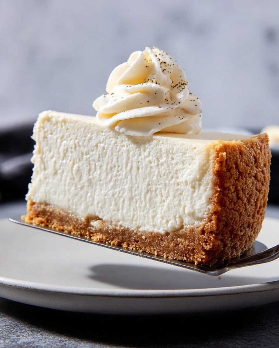 A slice of cheesecake is shown with two main layers: the bottom layer is a crumbly, golden brown crust with a rough texture, while the top layer is thick, creamy, and off-white, making up the bulk of the slice. On top, there is a small swirl of whipped cream with a slightly rough surface and some dark specks visible in the cheesecake layer. The slice is being held above a smooth, white plate by a metal spatula, against a soft, blurred white marbled texture background. photo taken with an iphone --ar 4:5 --v 7