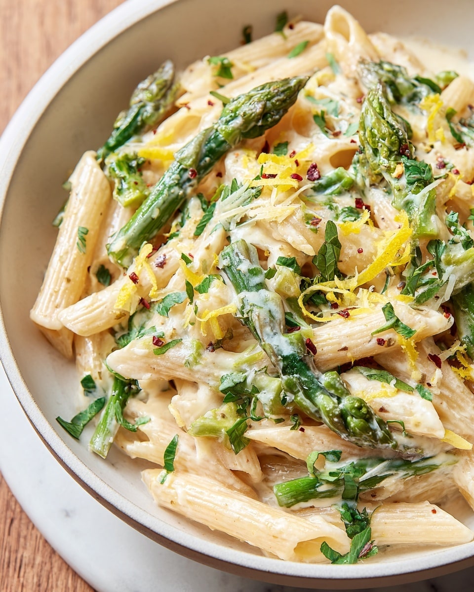 A close-up of a white bowl filled with creamy pasta, showing three main layers: tender light beige penne pasta pieces at the base, bright green asparagus spears mixed throughout, and a creamy white sauce coating everything. On top, there are scattered small shreds of grated cheese, fine chopped green herbs, thin yellow lemon zest strips, and small red chili flakes for color contrast. The bowl sits on a white marbled surface, and the wooden table is slightly visible around the edges. photo taken with an iphone --ar 4:5 --v 7