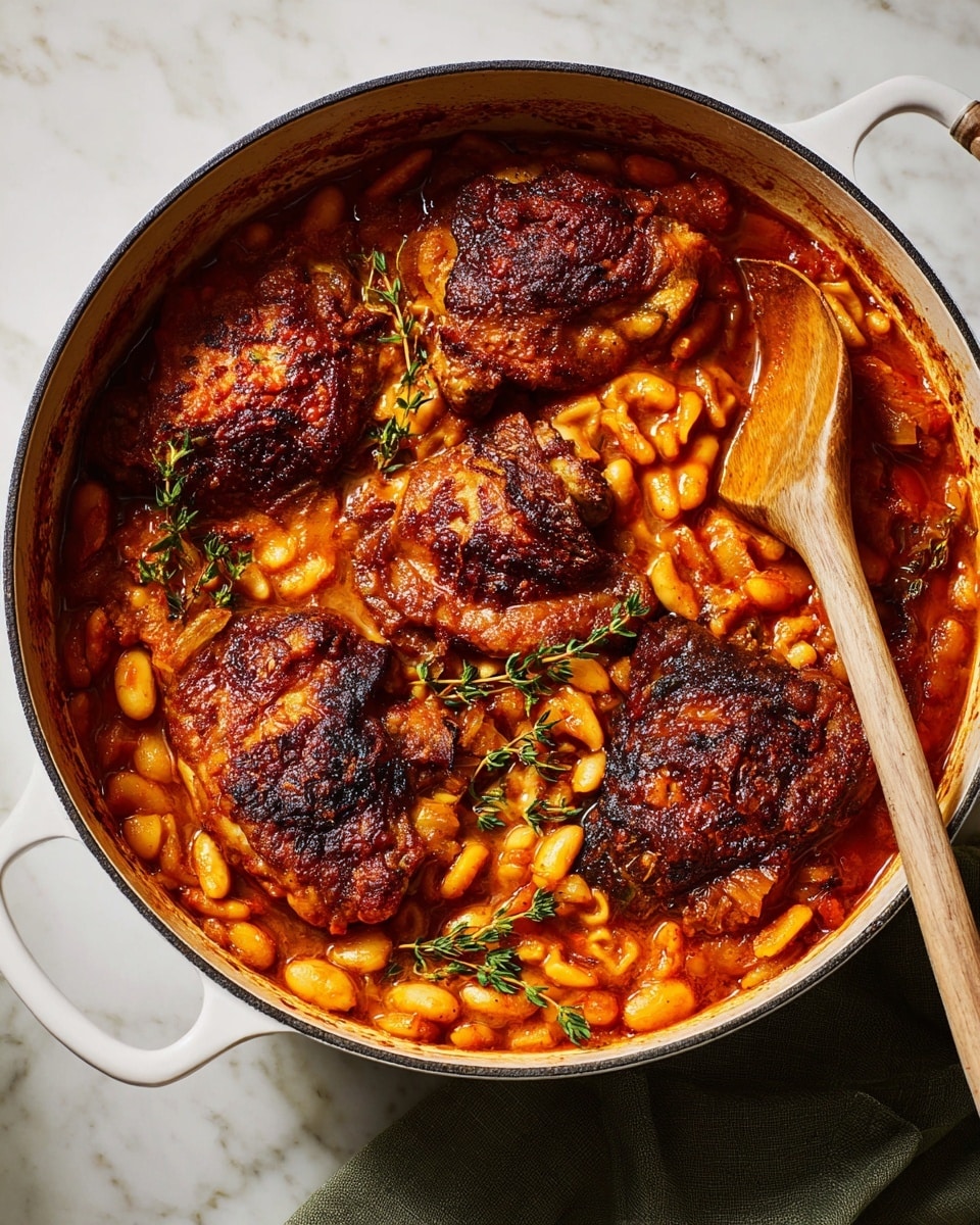 Inside a white pot, there is a rich, red-orange stew with five browned, slightly charred chicken thighs resting on top. The chicken pieces have a textured, crispy skin with darker burnt spots. Below them, soft white beans and small, curled pasta pieces mix with chunks of cooked vegetables in the thick sauce. Fresh green sprigs of thyme are scattered around the dish, adding a touch of color. A light wooden spoon with visible grain rests partially in the stew, showing some sauce and ingredients clinging to it. The pot sits on a white marbled surface with a hint of a dark green cloth under one side. Photo taken with an iphone --ar 4:5 --v 7