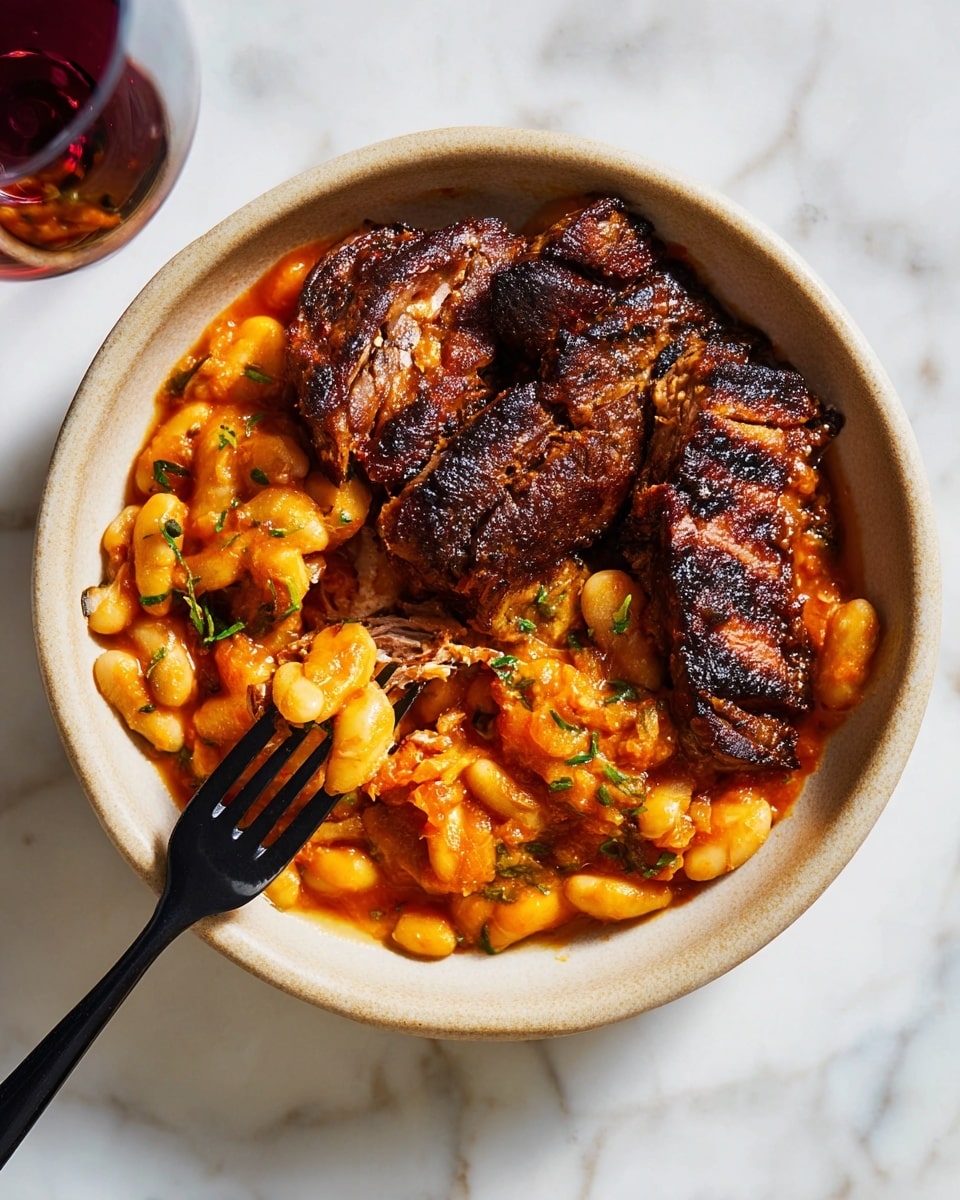 A light beige ceramic bowl holds a warm dish with two main layers: the bottom layer is orange and creamy, made of soft white beans mixed in a tomato-based sauce with small green herb leaves scattered throughout, creating a slightly chunky texture. On top, there are several thick pieces of browned, grilled meat with a dark, crispy surface showing grill marks. A black fork rests on the left edge of the bowl, with a piece of meat sheared and stuck on its prongs. The background is a white marbled surface. Photo taken with an iphone --ar 4:5 --v 7